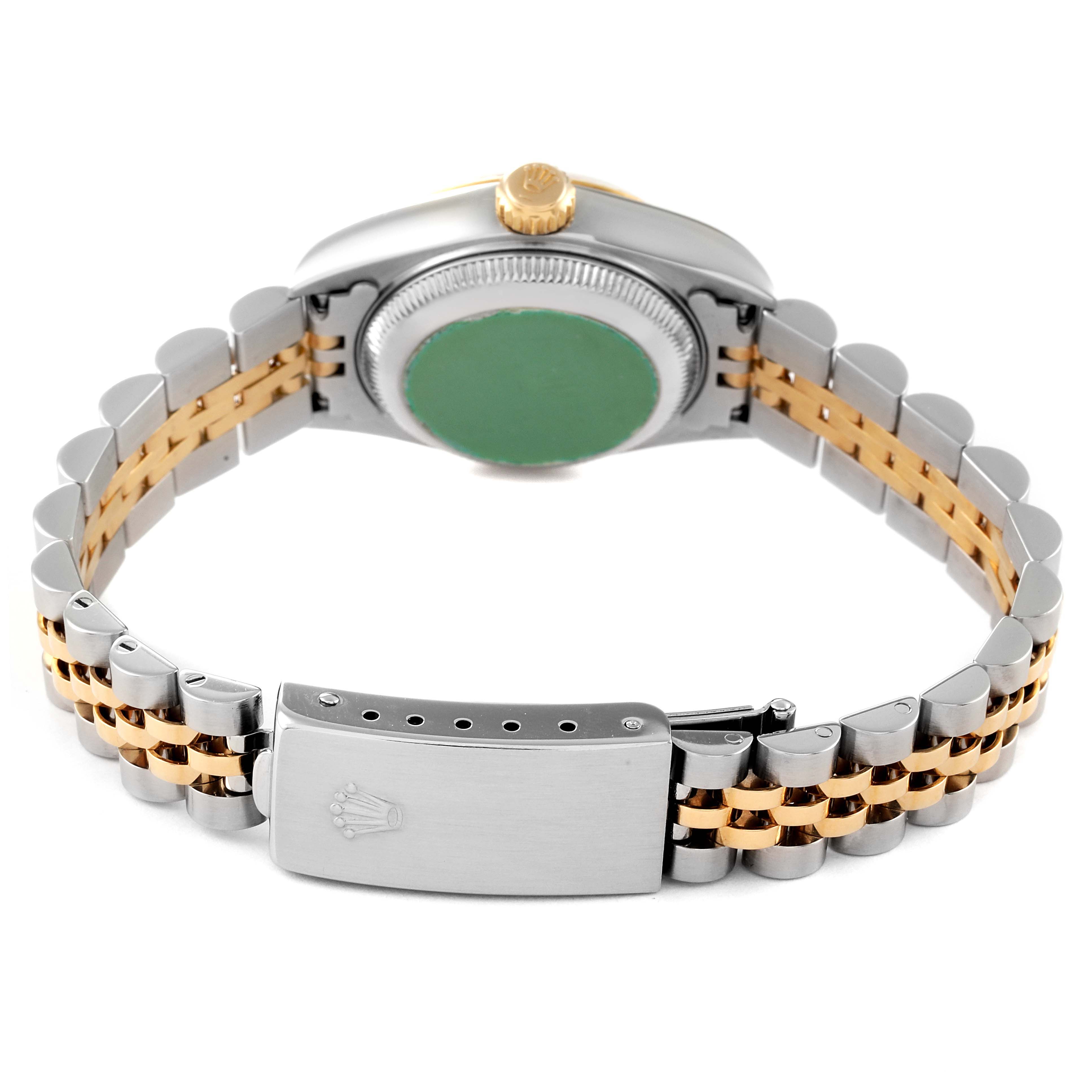 The image shows the back view of the Rolex Datejust 79173 Women's Steel and Gold (two tone) White Dial 79173 Women's Steel and Gold (two tone) White Dial watch, highlighting its clasp, bracelet, and case back.