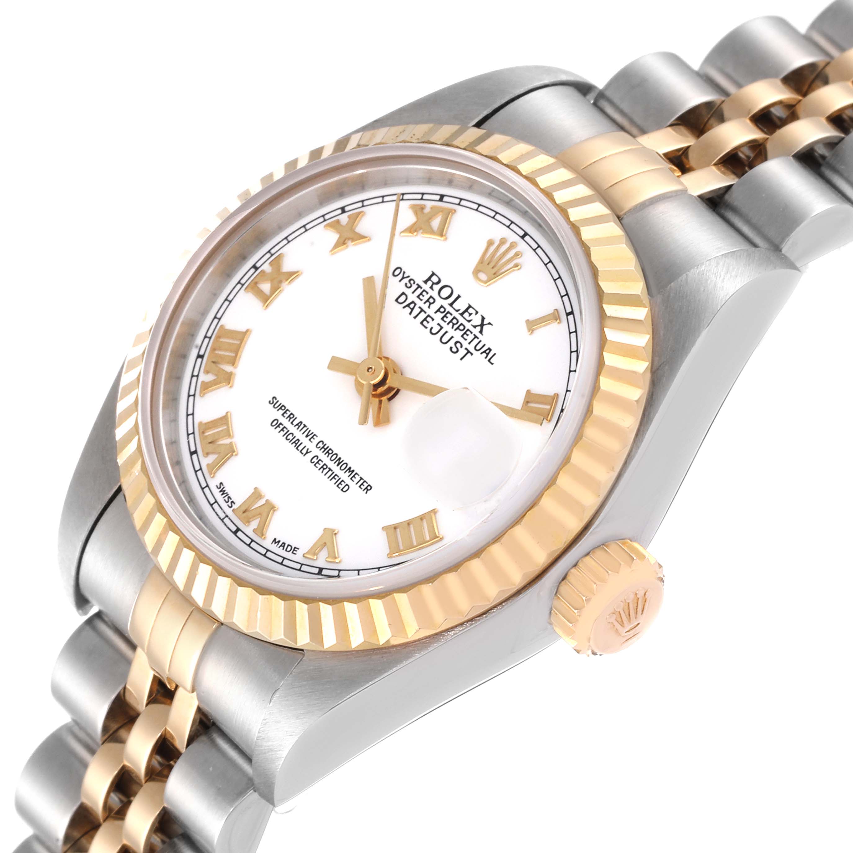 The image shows a close-up of a Rolex Datejust 79173 Women's Steel and Gold (two tone) White Dial 79173 Women's Steel and Gold (two tone) White Dial watch, showcasing its face, fluted bezel, crown, and part of the Jubilee bracelet.