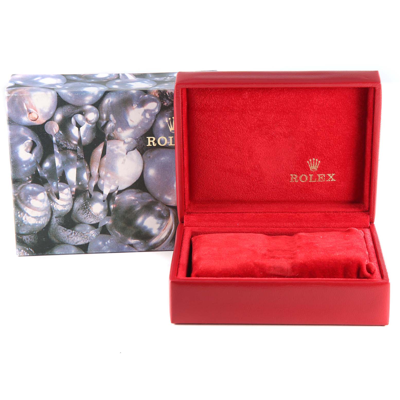 The image shows a red Rolex Datejust 79173 Women's Steel and Gold (two tone) White Dial 79173 Women's Steel and Gold (two tone) White Dial watch box open, with a matching outer box in the background.