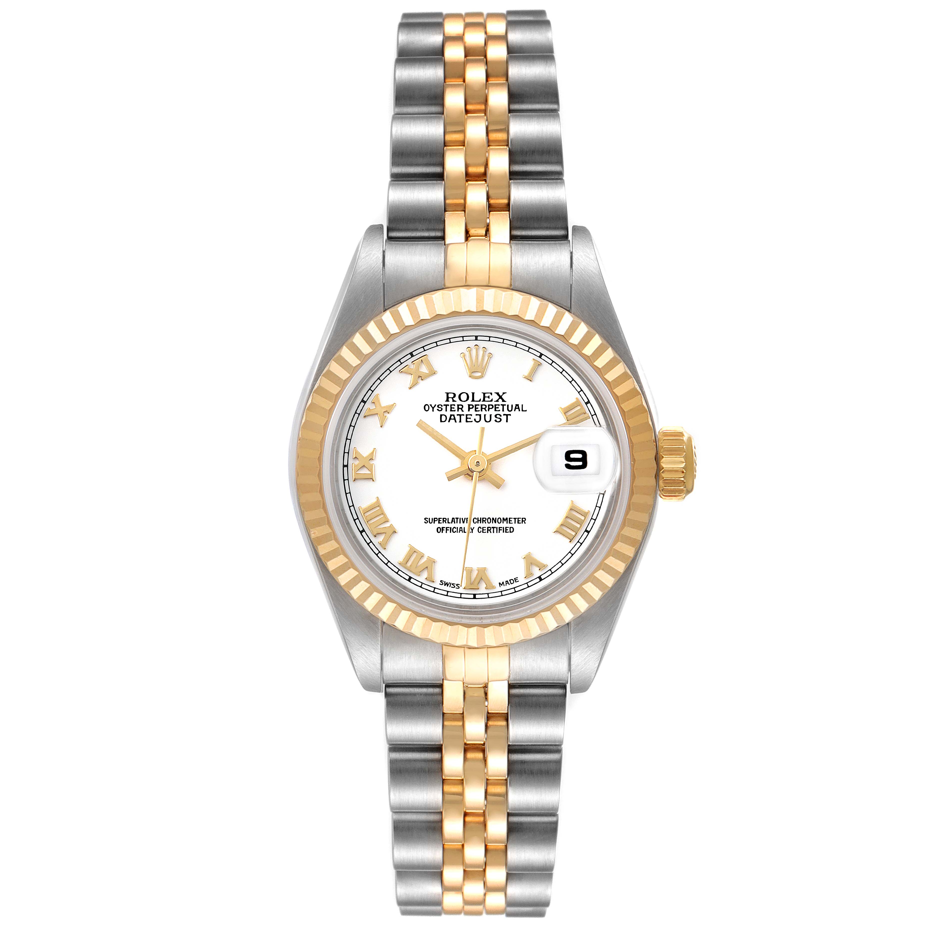 The image shows a front view of the Rolex Datejust 79173 Women's Steel and Gold (two tone) White Dial 79173 Women's Steel and Gold (two tone) White Dial model, displaying its dial, bezel, and two-tone bracelet.
