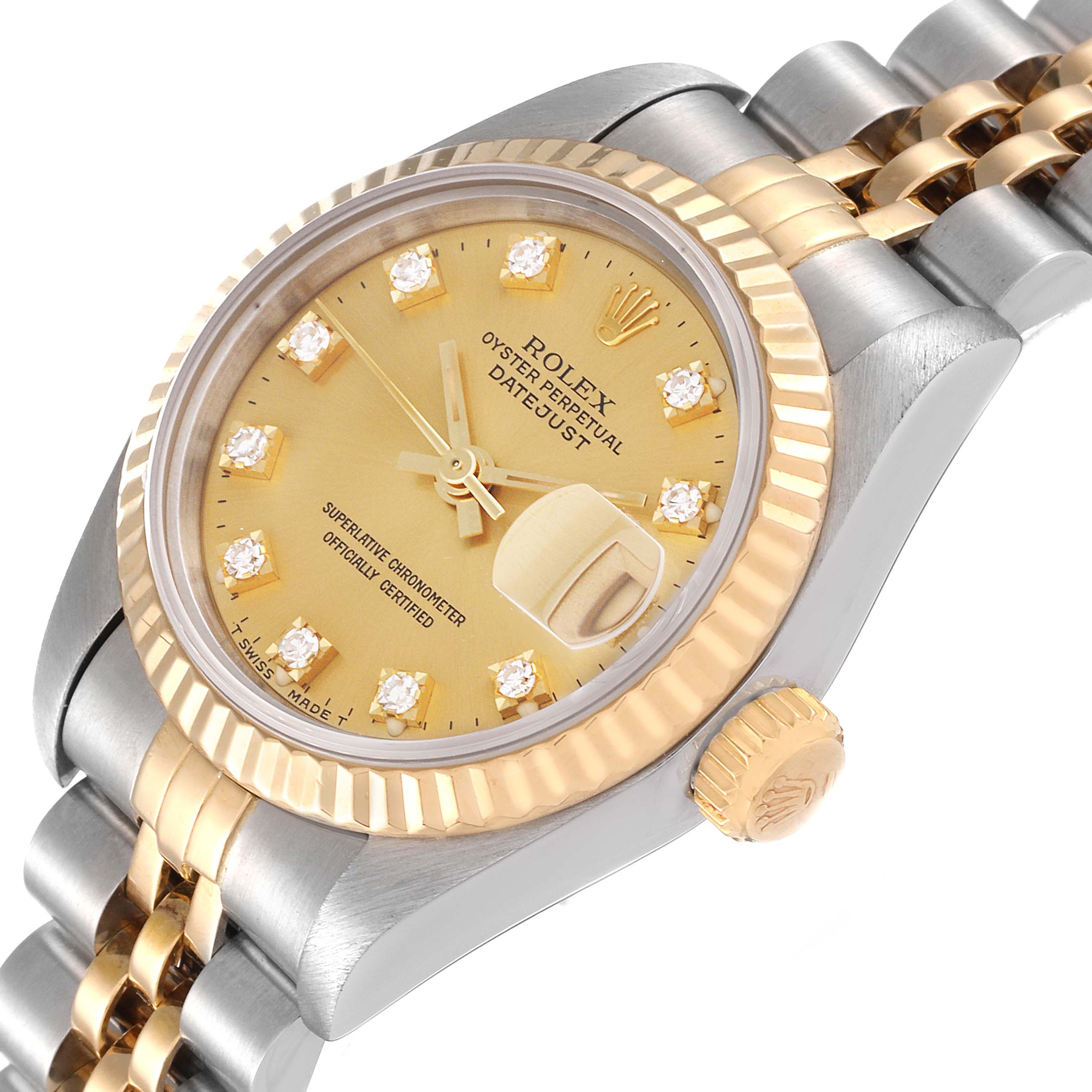 The image shows a close-up of the Rolex Datejust 69173 Women's Steel and Gold (two tone) Champagne Dial 69173 Women's Steel and Gold (two tone) Champagne Dial watch at an angle, highlighting the dial, bezel, crown, and part of the bracelet.