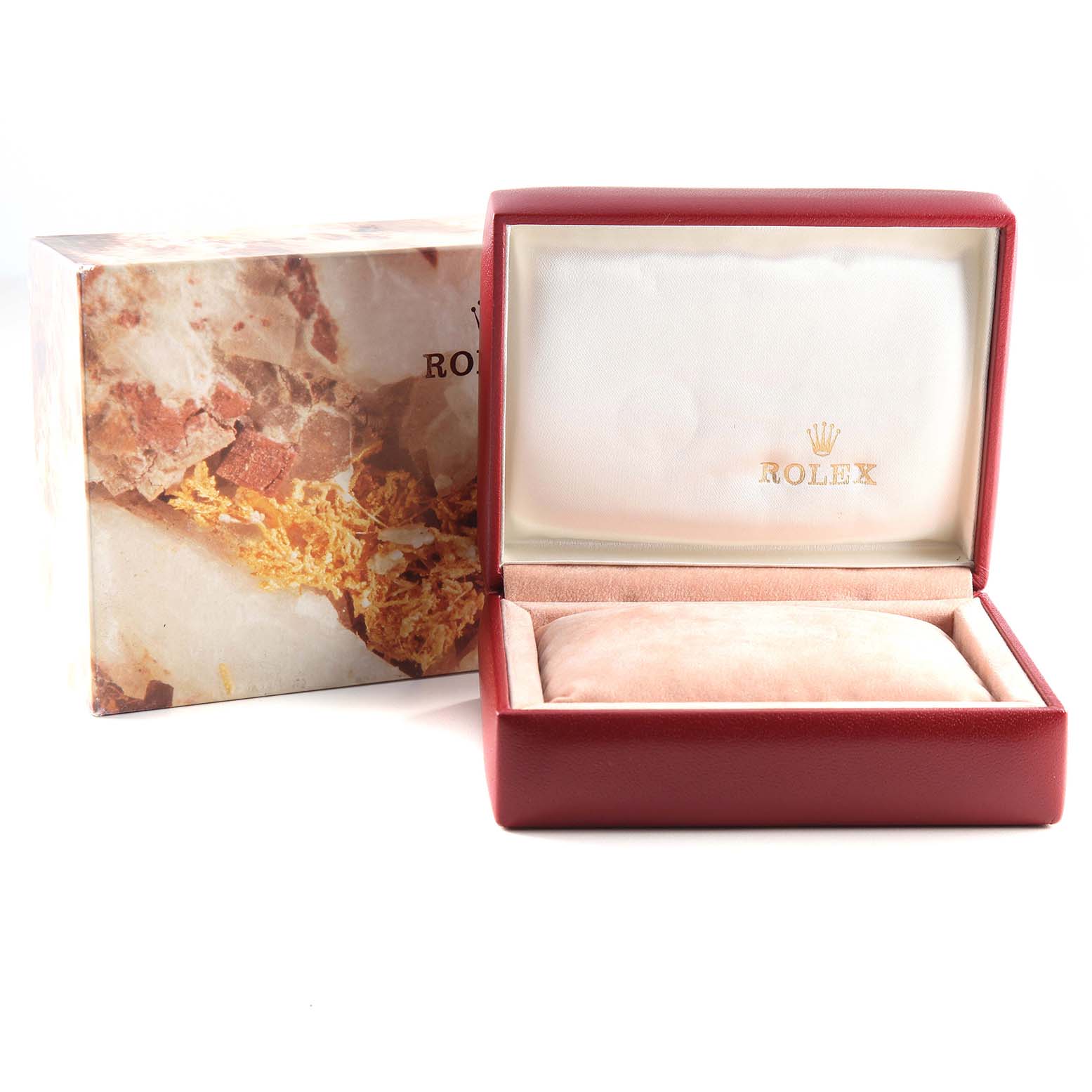 This image shows an empty Rolex Datejust 69173 Women's Steel and Gold (two tone) Champagne Dial 69173 Women's Steel and Gold (two tone) Champagne Dial watch box and its outer packaging at an angle that includes the open box lid and insert cushion.