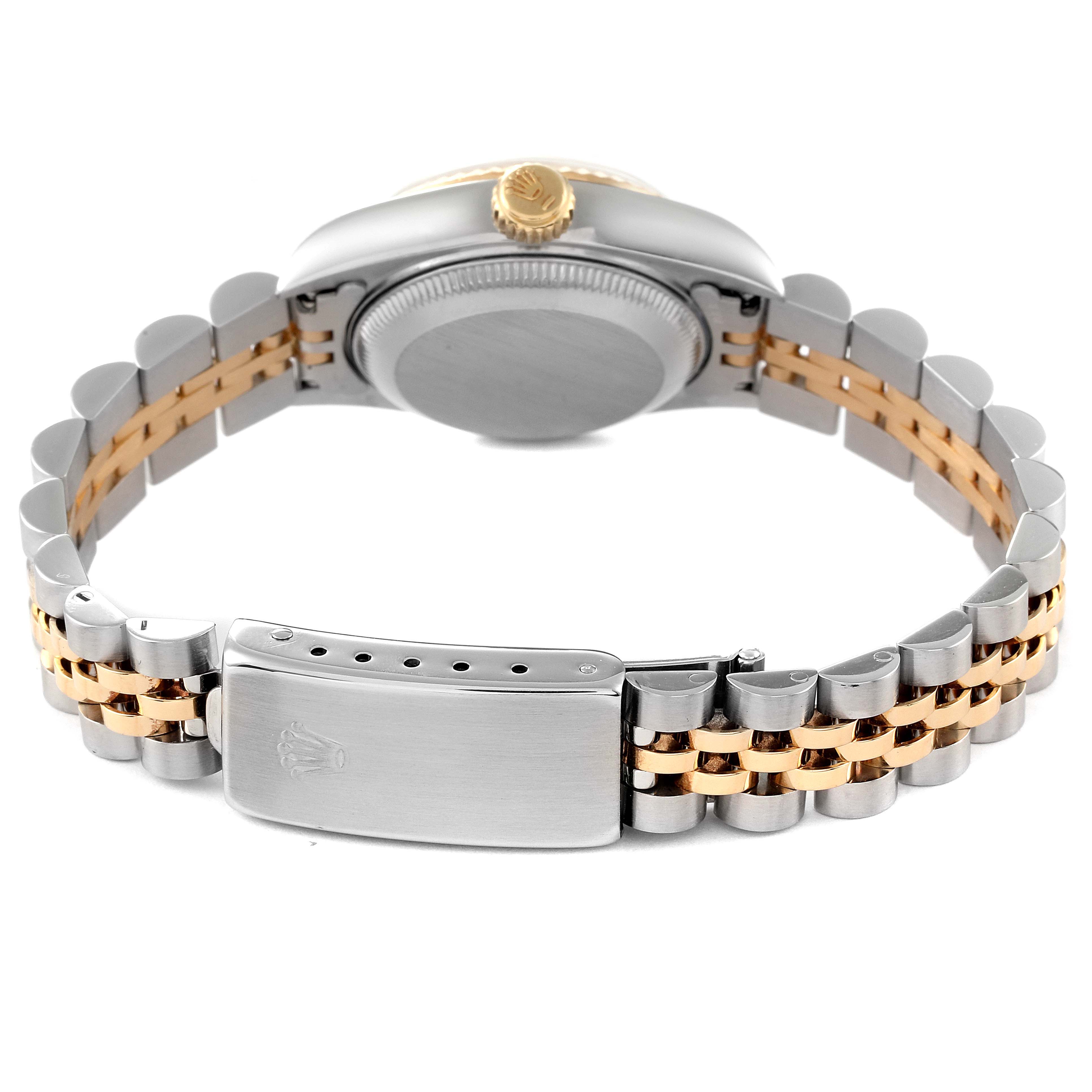 The image shows the back view of a Rolex Datejust 69173 Women's Steel and Gold (two tone) Champagne Dial 69173 Women's Steel and Gold (two tone) Champagne Dial watch, highlighting its clasp, crown, and bracelet.