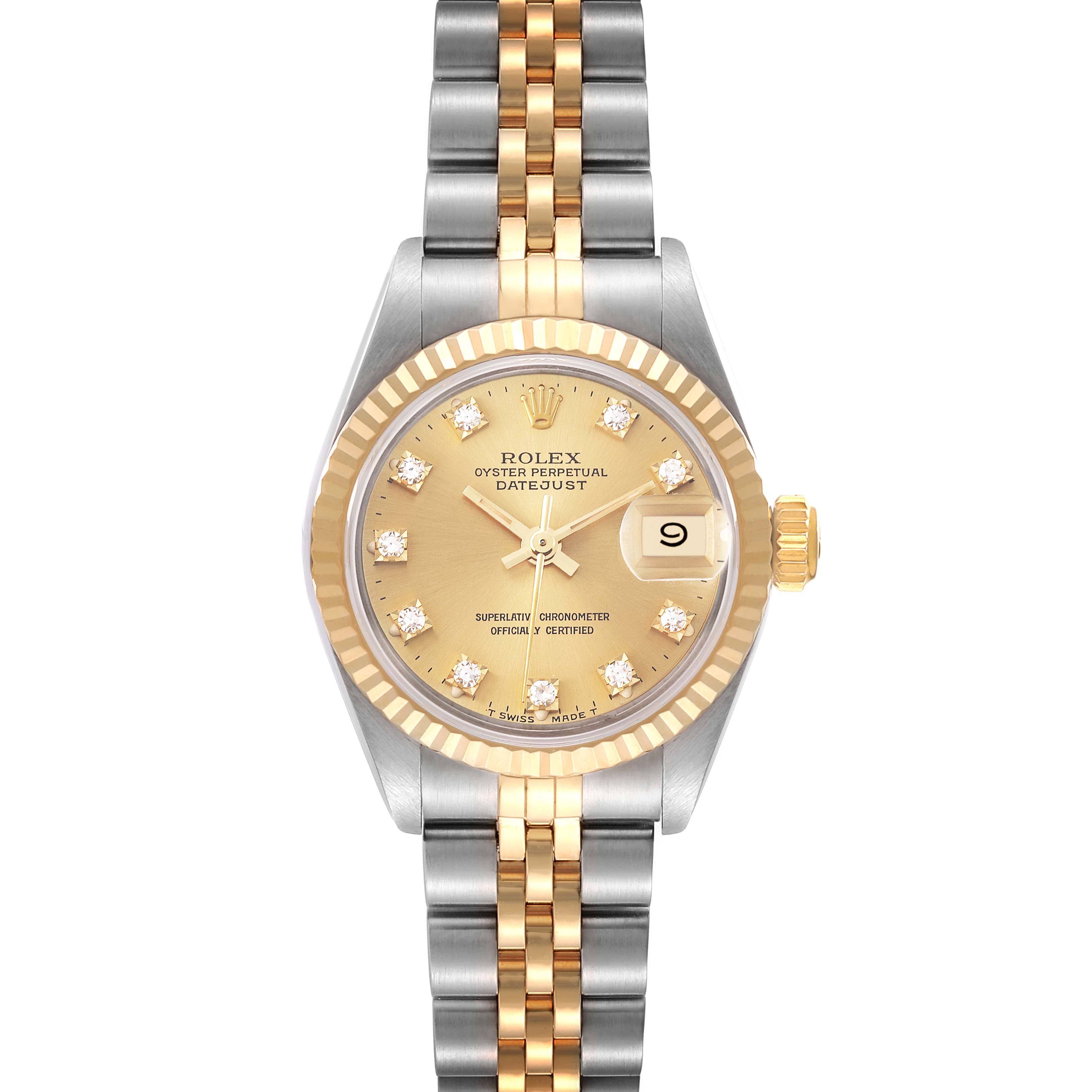 Front view of the Rolex Datejust 69173 Women's Steel and Gold (two tone) Champagne Dial 69173 Women's Steel and Gold (two tone) Champagne Dial watch, showing the dial, crystal, bezel, and two-tone bracelet.