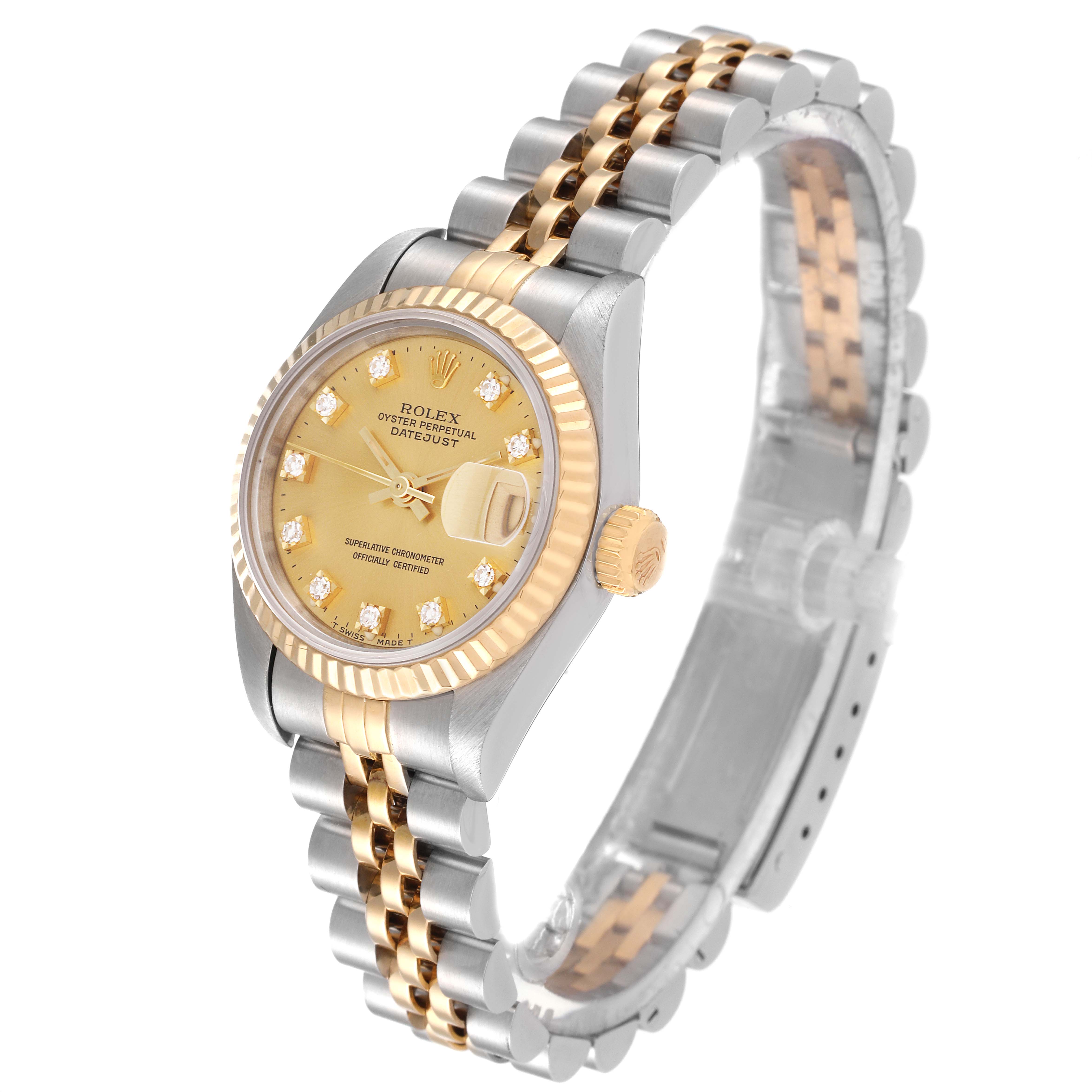 The Rolex Datejust 69173 Women's Steel and Gold (two tone) Champagne Dial 69173 Women's Steel and Gold (two tone) Champagne Dial watch is shown at a three-quarter angle, displaying the face, dial, crown, and two-tone bracelet.