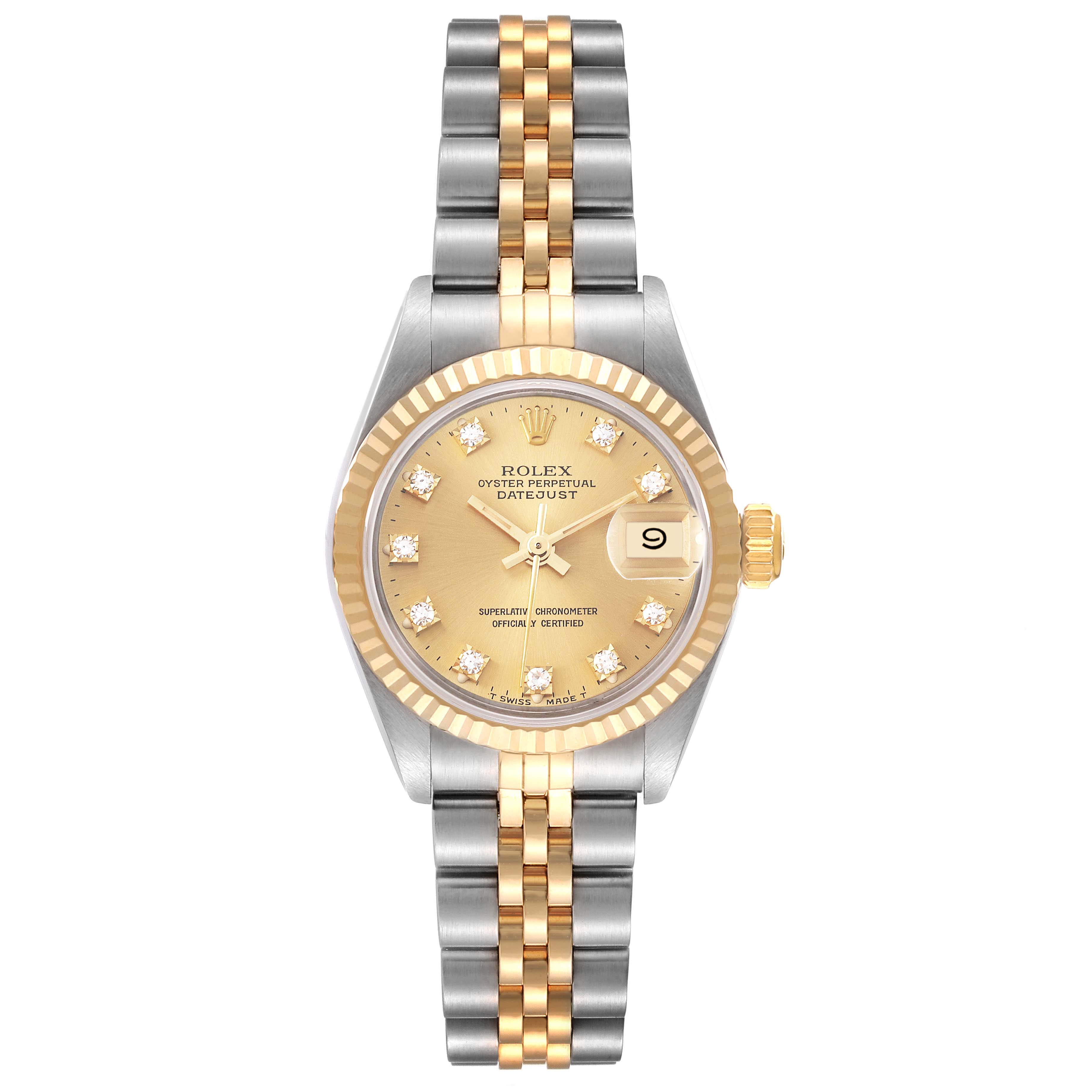 The Rolex Datejust 69173 Women's Steel and Gold (two tone) Champagne Dial 69173 Women's Steel and Gold (two tone) Champagne Dial watch is shown from the front, displaying its two-tone bracelet, gold bezel, and gold dial with diamond hour markers.