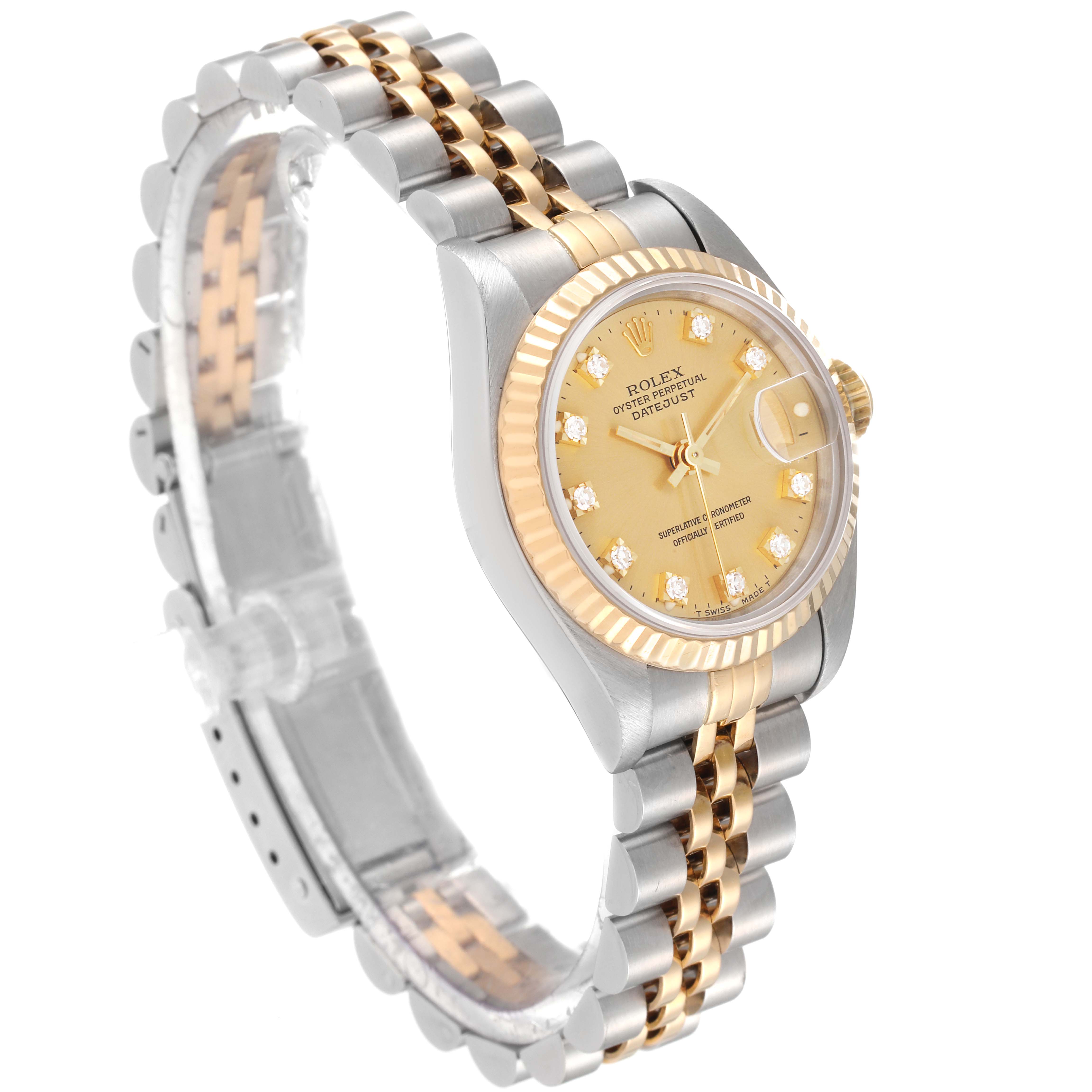 The image shows a Rolex Datejust 69173 Women's Steel and Gold (two tone) Champagne Dial 69173 Women's Steel and Gold (two tone) Champagne Dial watch at a three-quarter angle, showcasing the dial, bezel, crown, and two-tone bracelet.
