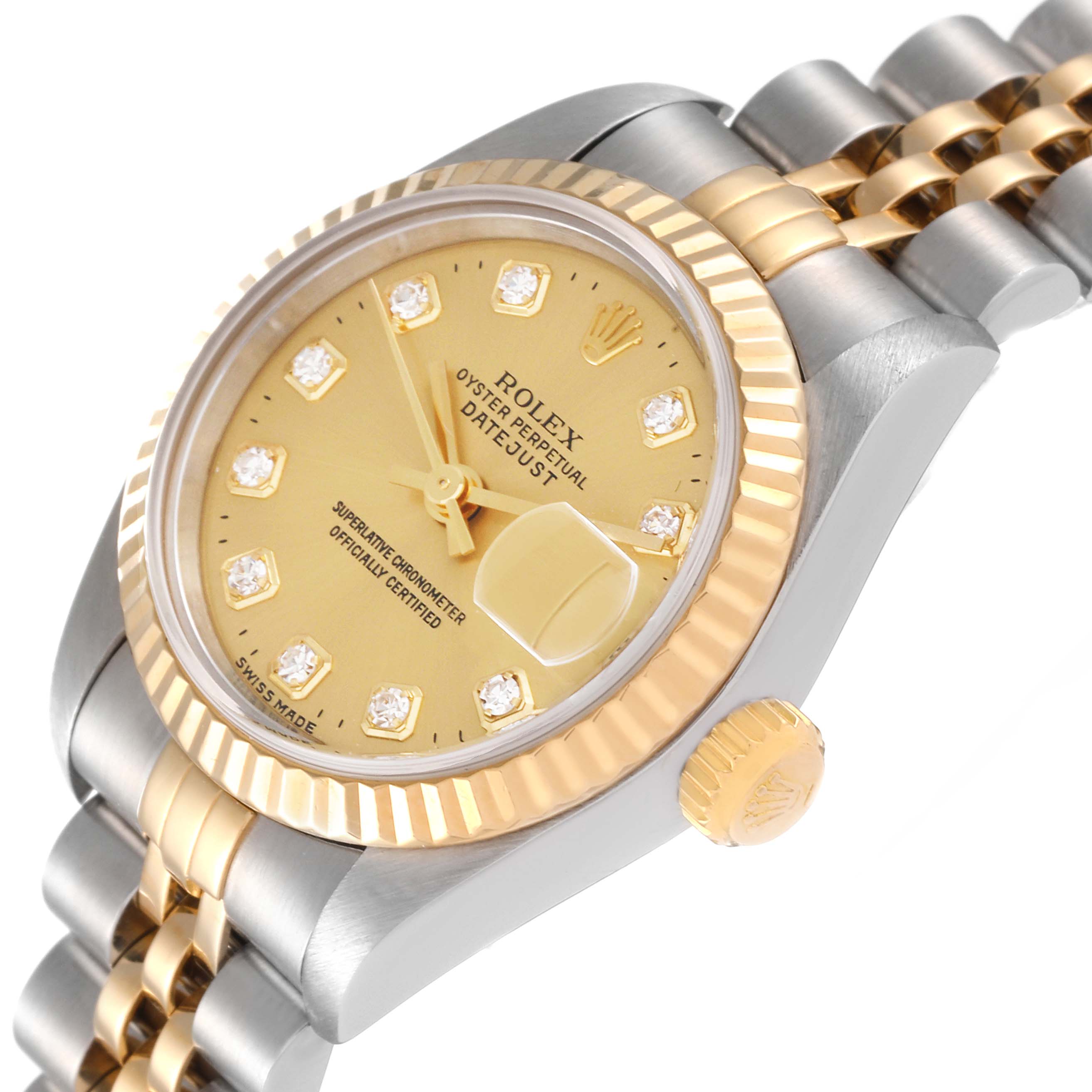 This image shows a side and partial top view of the Rolex Datejust 69173 Women's Steel and Gold (two tone) Champagne Dial 69173 Women's Steel and Gold (two tone) Champagne Dial watch, displaying its face, bezel, crown, and two-tone bracelet.