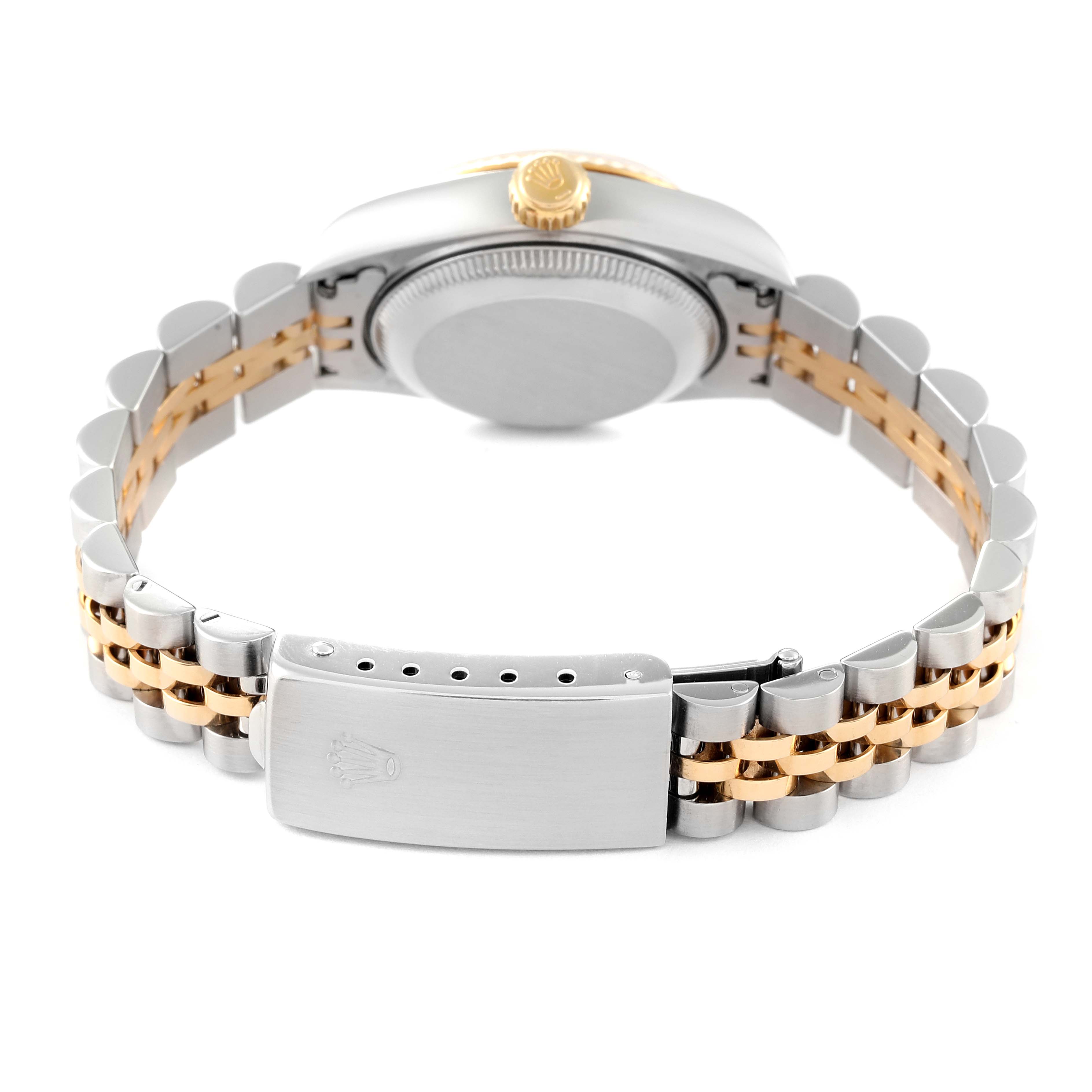 This image shows the back and bracelet of a Rolex Datejust 69173 Women's Steel and Gold (two tone) Champagne Dial 69173 Women's Steel and Gold (two tone) Champagne Dial watch, highlighting its clasp and bicolor design.