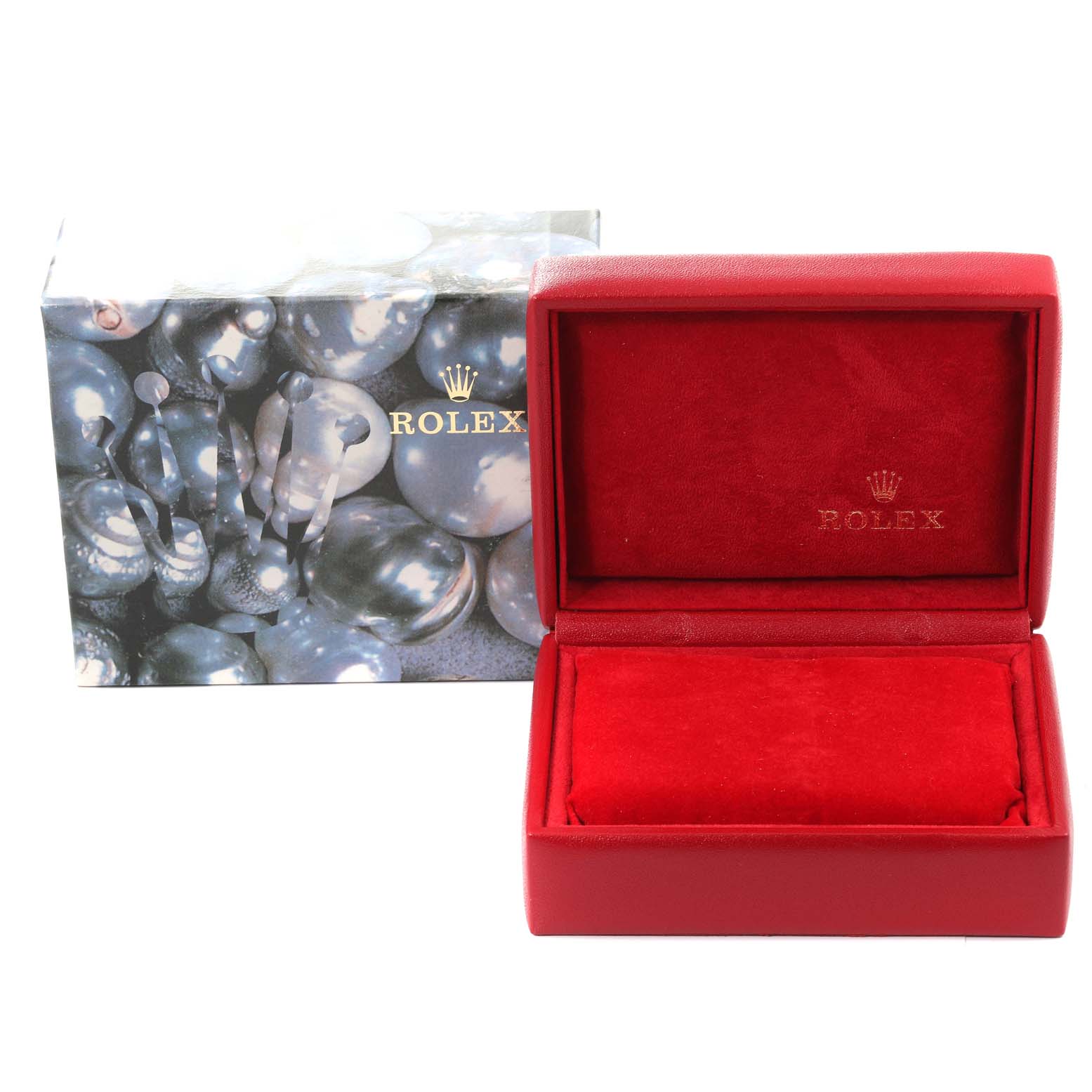 This image shows an open red Rolex box with a padded interior, accompanied by its outer decorative Rolex packaging.