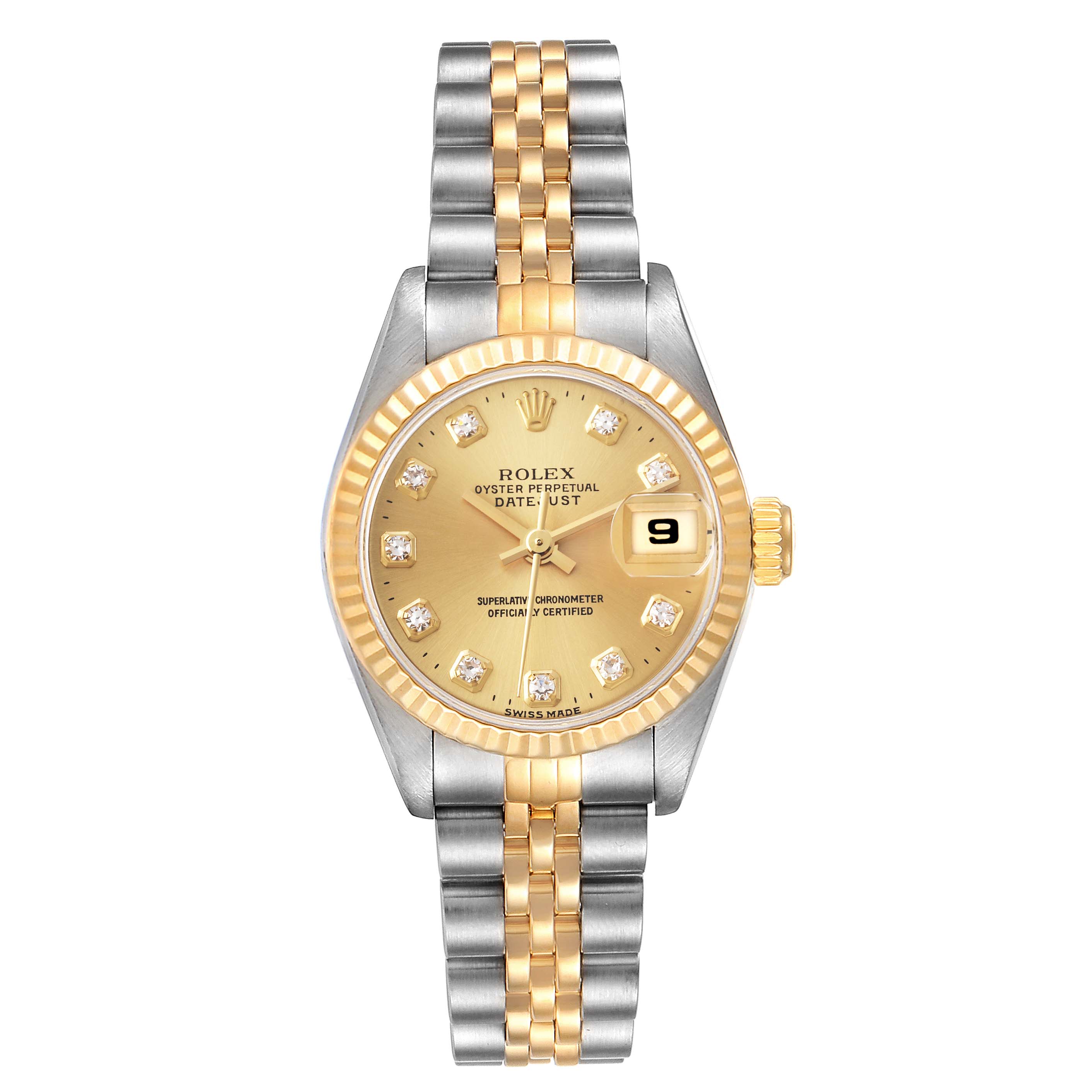 The Rolex Datejust 69173 Women's Steel and Gold (two tone) Champagne Dial 69173 Women's Steel and Gold (two tone) Champagne Dial watch is shown from a front-angle, displaying its gold dial, fluted bezel, and two-tone metal bracelet.