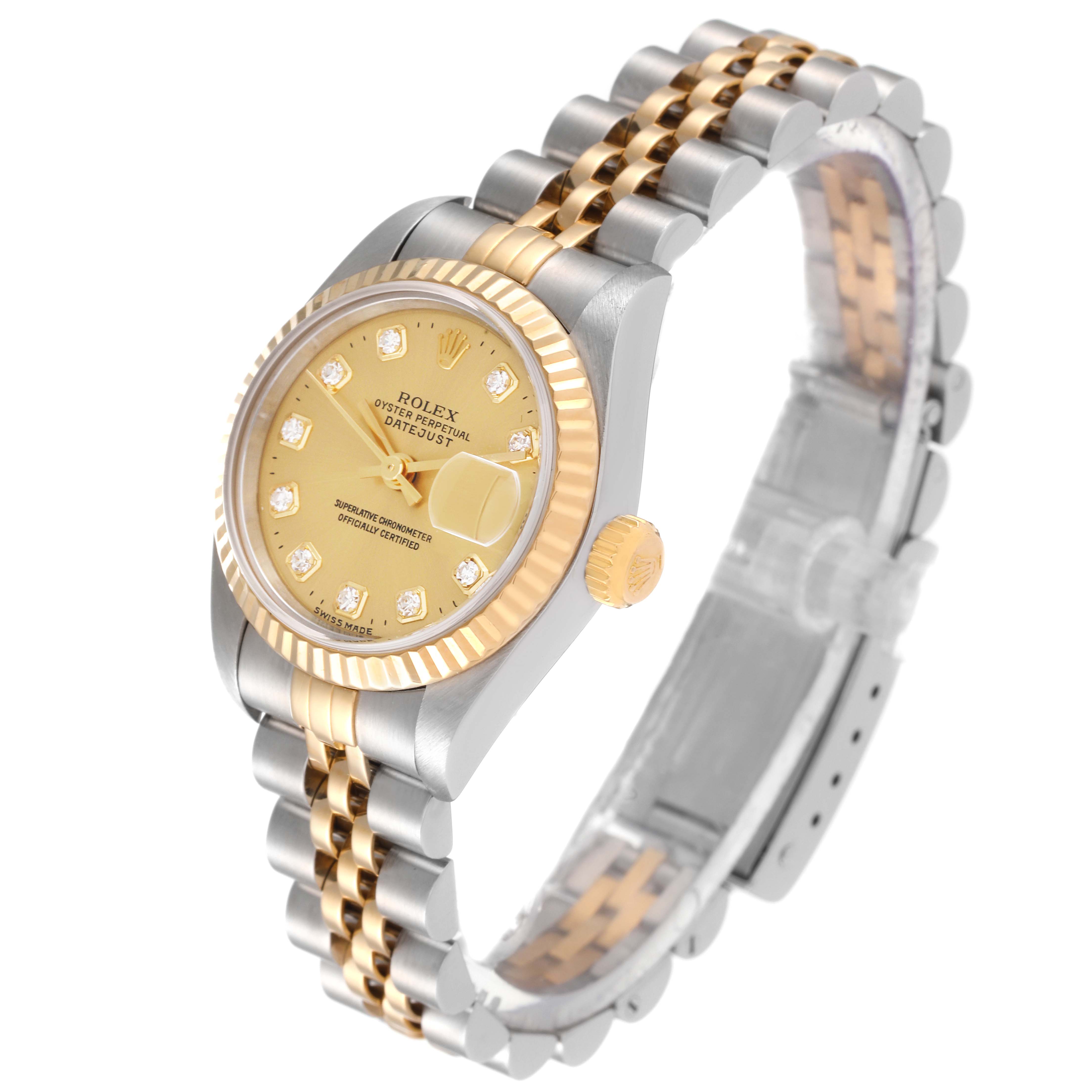 This image shows a Rolex Datejust 69173 Women's Steel and Gold (two tone) Champagne Dial 69173 Women's Steel and Gold (two tone) Champagne Dial watch at a three-quarter angle, displaying the dial, fluted bezel, and jubilee bracelet.