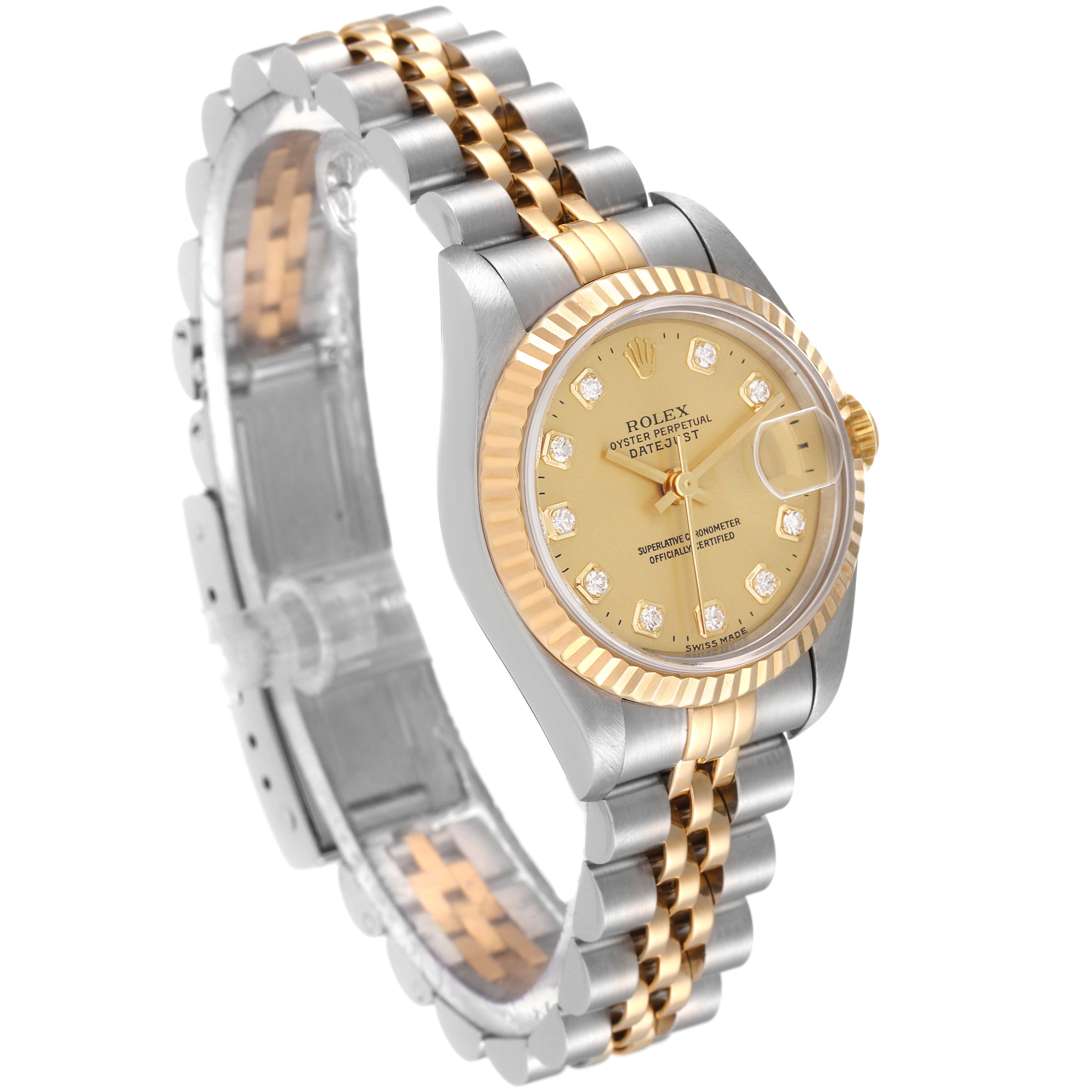 The Rolex Datejust 69173 Women's Steel and Gold (two tone) Champagne Dial 69173 Women's Steel and Gold (two tone) Champagne Dial watch is shown at a left side angle, highlighting the face, bezel, and two-tone bracelet.