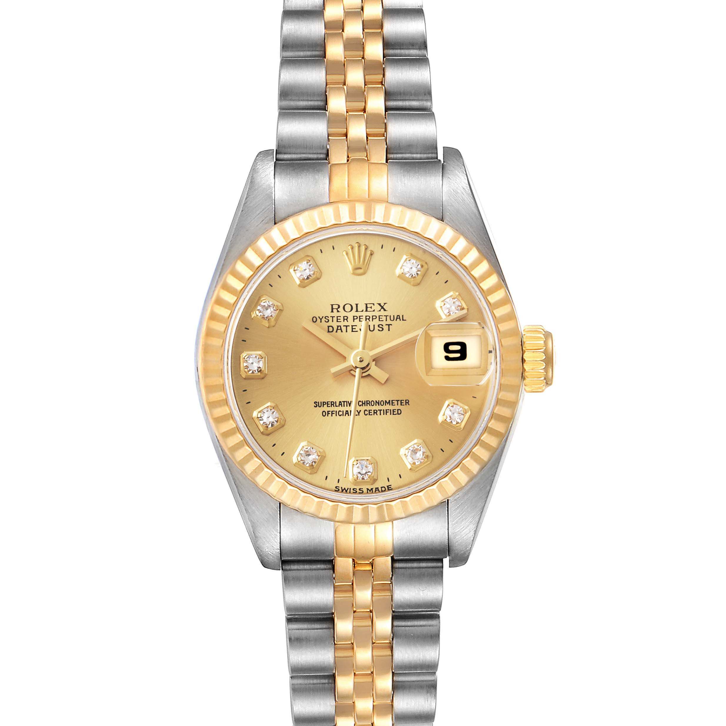 The image shows a frontal view of the Rolex Datejust 69173 Women's Steel and Gold (two tone) Champagne Dial 69173 Women's Steel and Gold (two tone) Champagne Dial watch, highlighting its gold dial, date display, and bi-metal bracelet.
