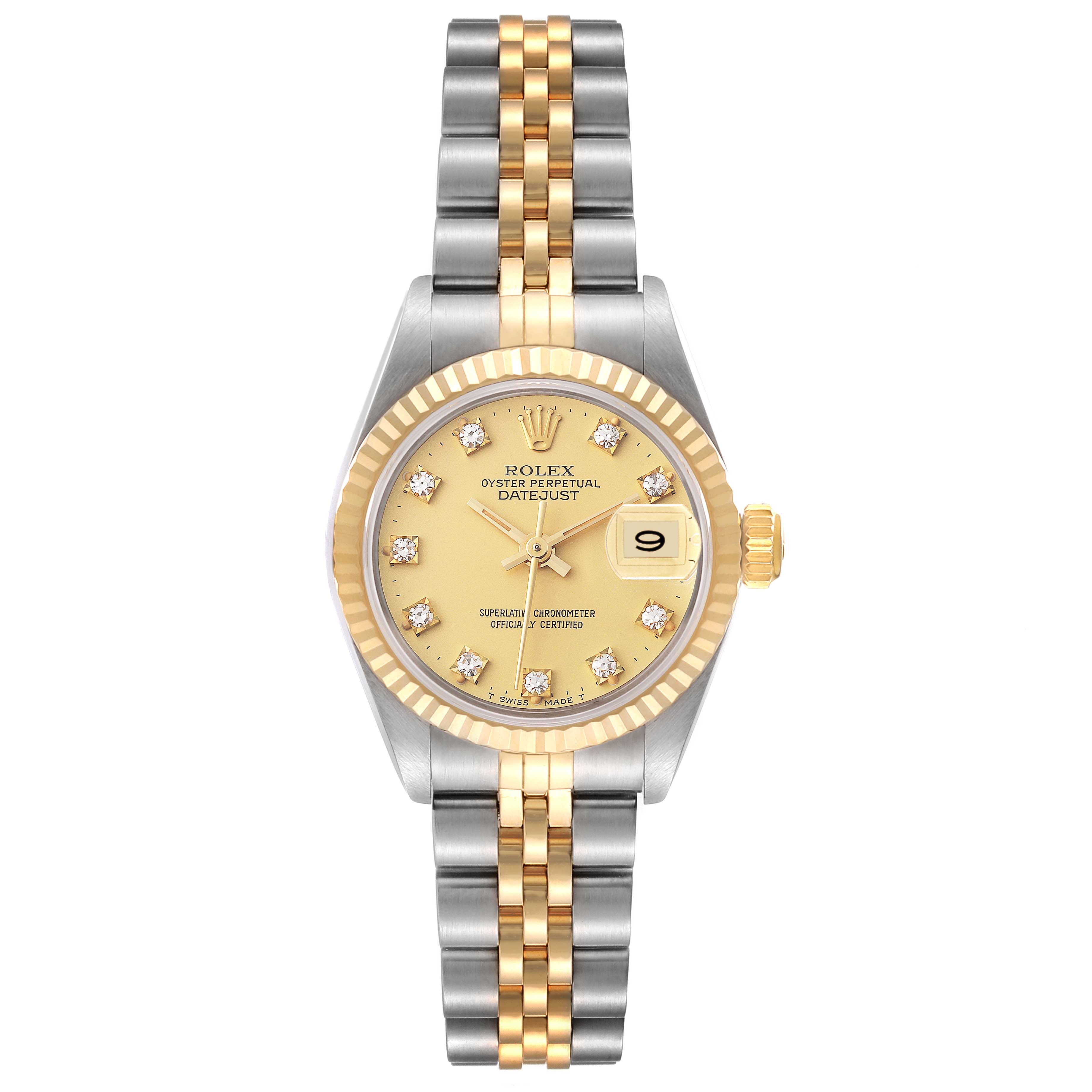This image shows a front view of a Rolex Datejust 69173 Women's Steel and Gold (two tone) Champagne Dial 69173 Women's Steel and Gold (two tone) Champagne Dial watch, highlighting its gold and silver bracelet, diamond markers, and date window.