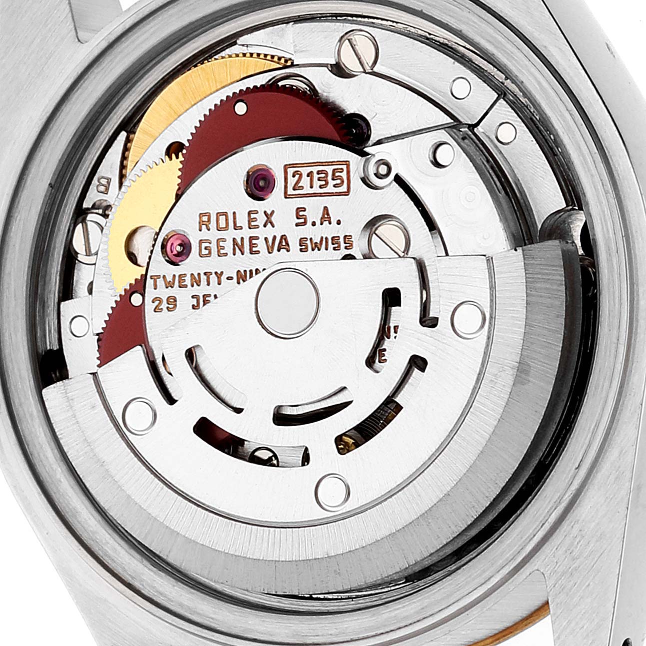 This image shows the movement mechanism of a Rolex Datejust 69173 Women's Steel and Gold (two tone) Champagne Dial 69173 Women's Steel and Gold (two tone) Champagne Dial watch from the back.