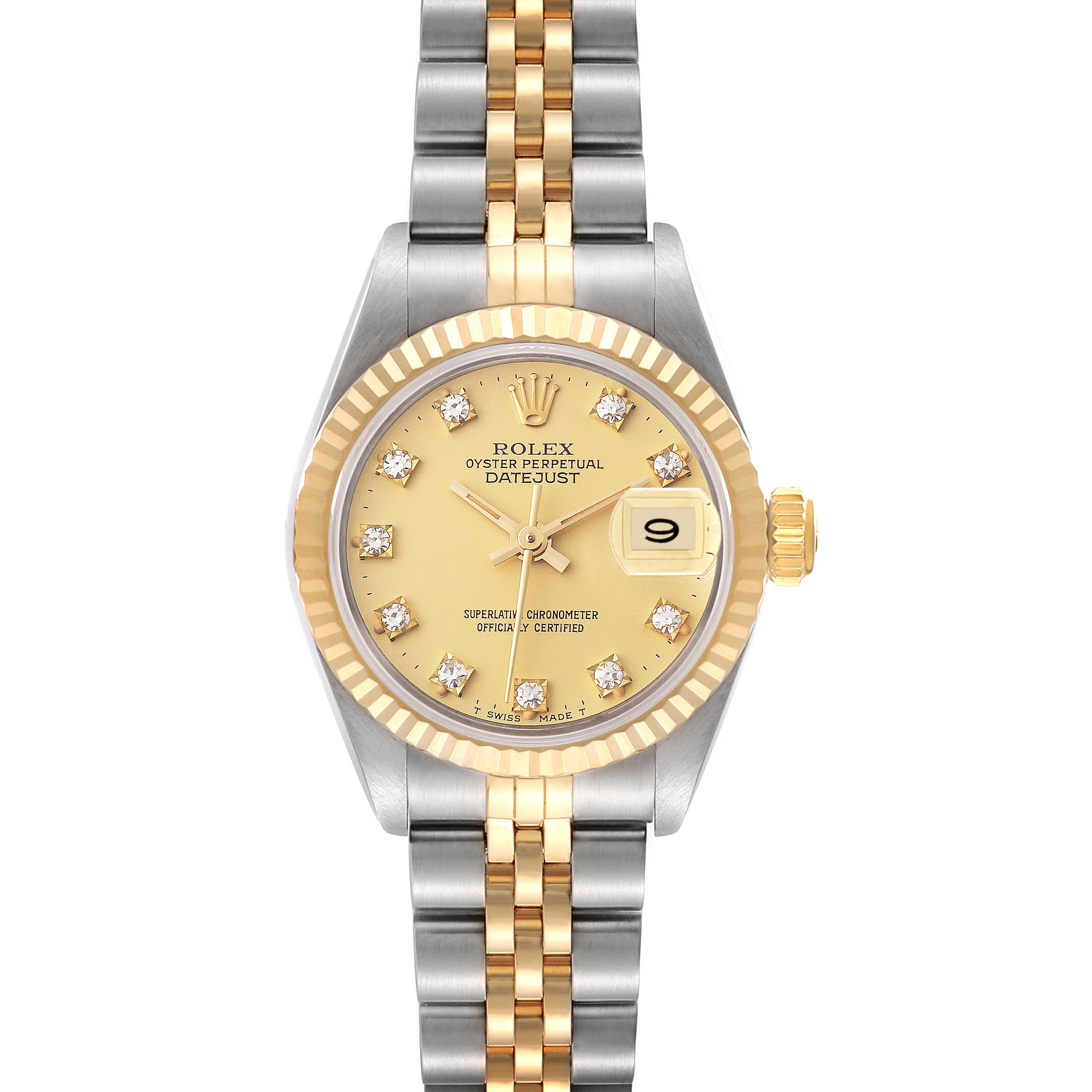This is a front-facing view of a Rolex Datejust 69173 Women's Steel and Gold (two tone) Champagne Dial 69173 Women's Steel and Gold (two tone) Champagne Dial watch showcasing its gold and silver bracelet, gold bezel, and champagne dial.