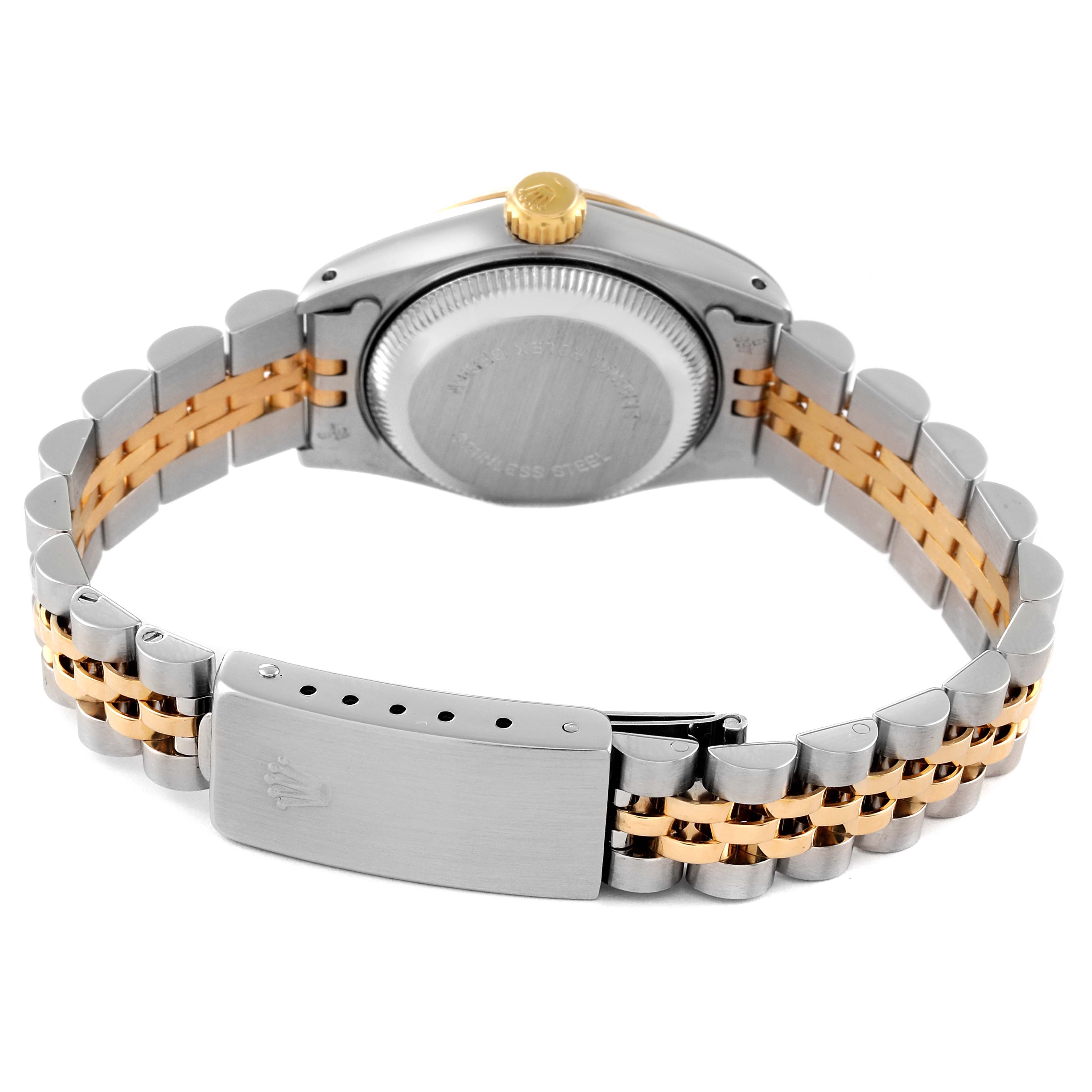 The image shows the back and bracelet of the Rolex Datejust 69173 Women's Steel and Gold (two tone) Champagne Dial 69173 Women's Steel and Gold (two tone) Champagne Dial watch, highlighting its stainless steel and gold two-tone jubilee bracelet.