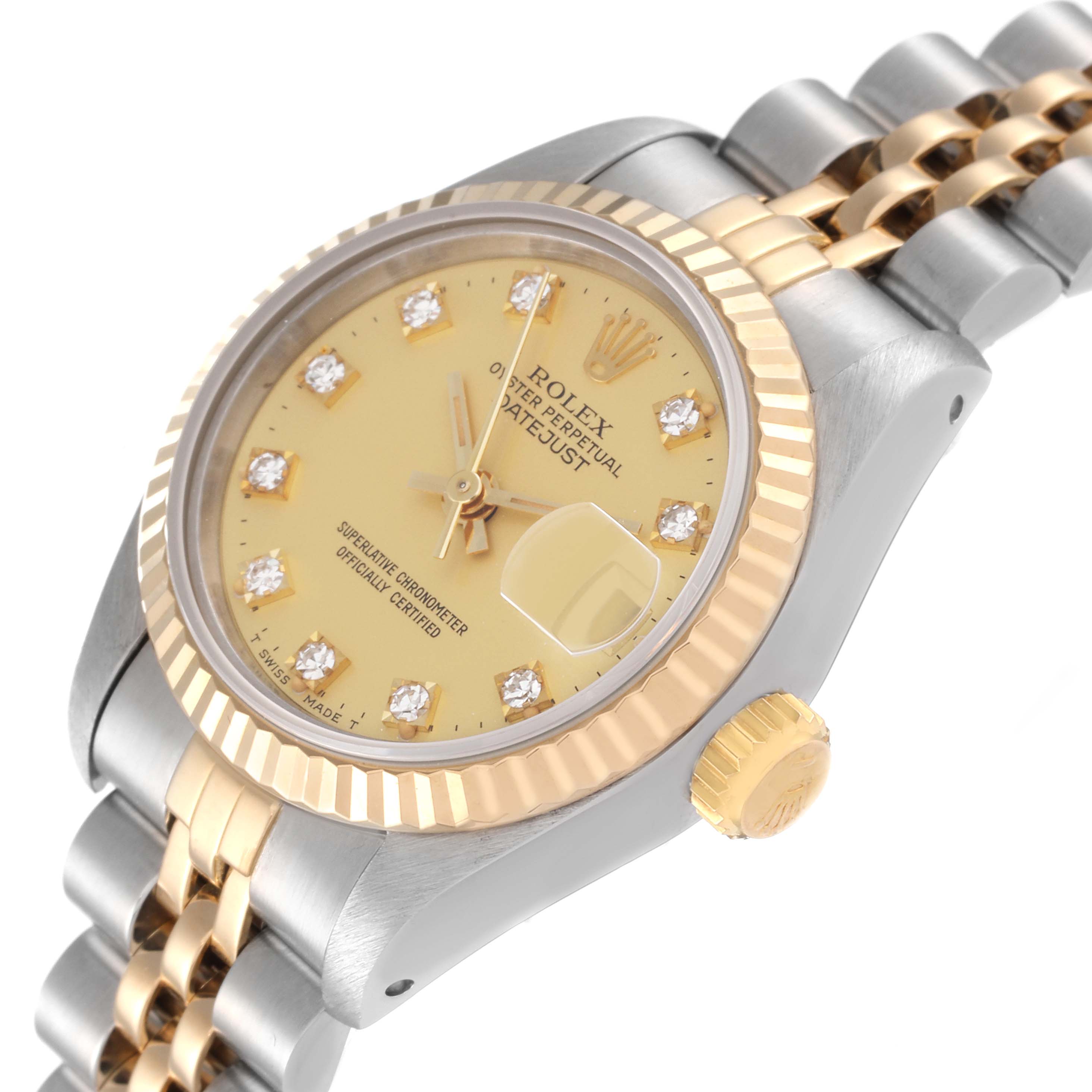 The image shows a side angle view of a Rolex Datejust 69173 Women's Steel and Gold (two tone) Champagne Dial 69173 Women's Steel and Gold (two tone) Champagne Dial watch highlighting the dial, bezel, and bracelet.