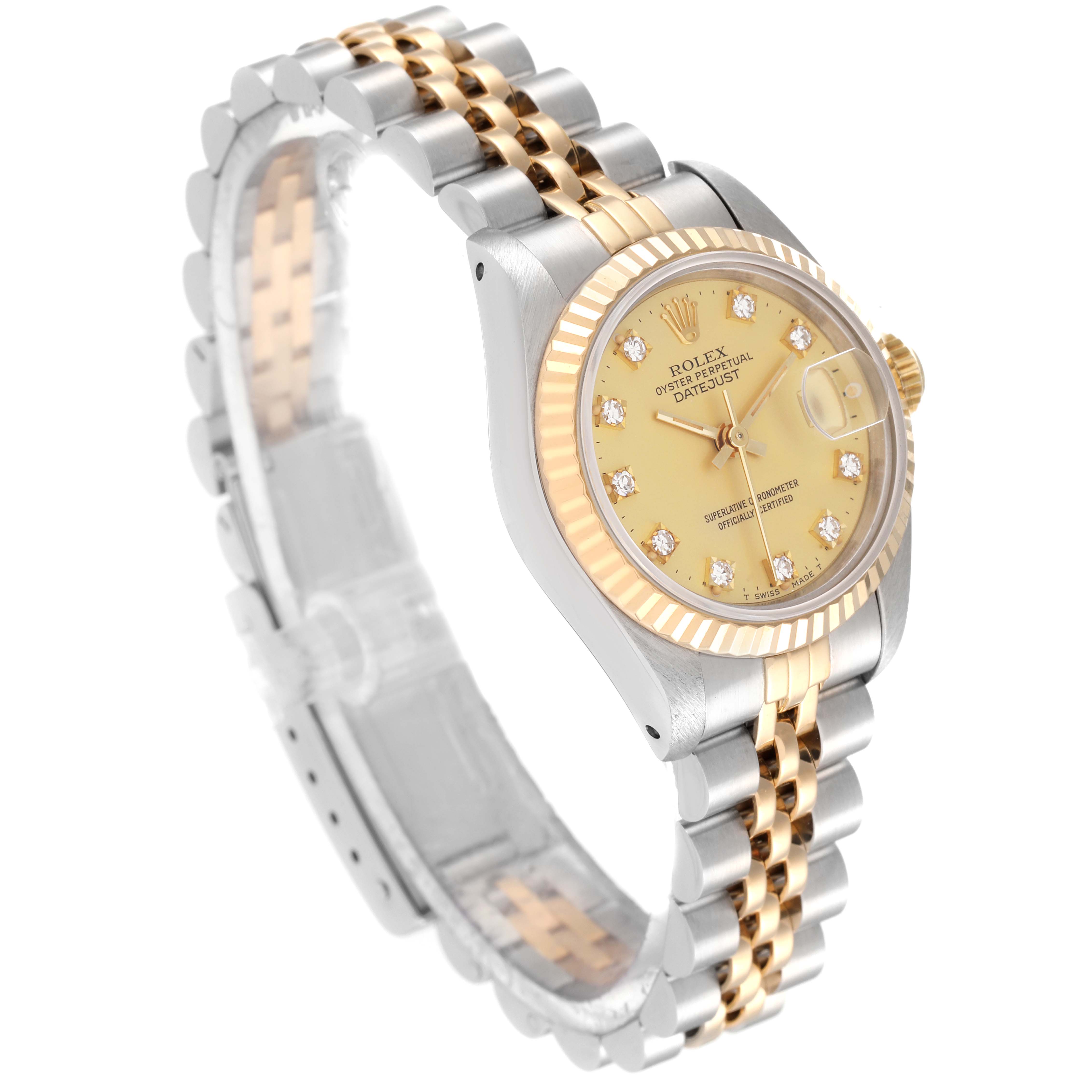 The image shows a Rolex Datejust 69173 Women's Steel and Gold (two tone) Champagne Dial 69173 Women's Steel and Gold (two tone) Champagne Dial watch at an angle highlighting its gold and silver bracelet and dial.