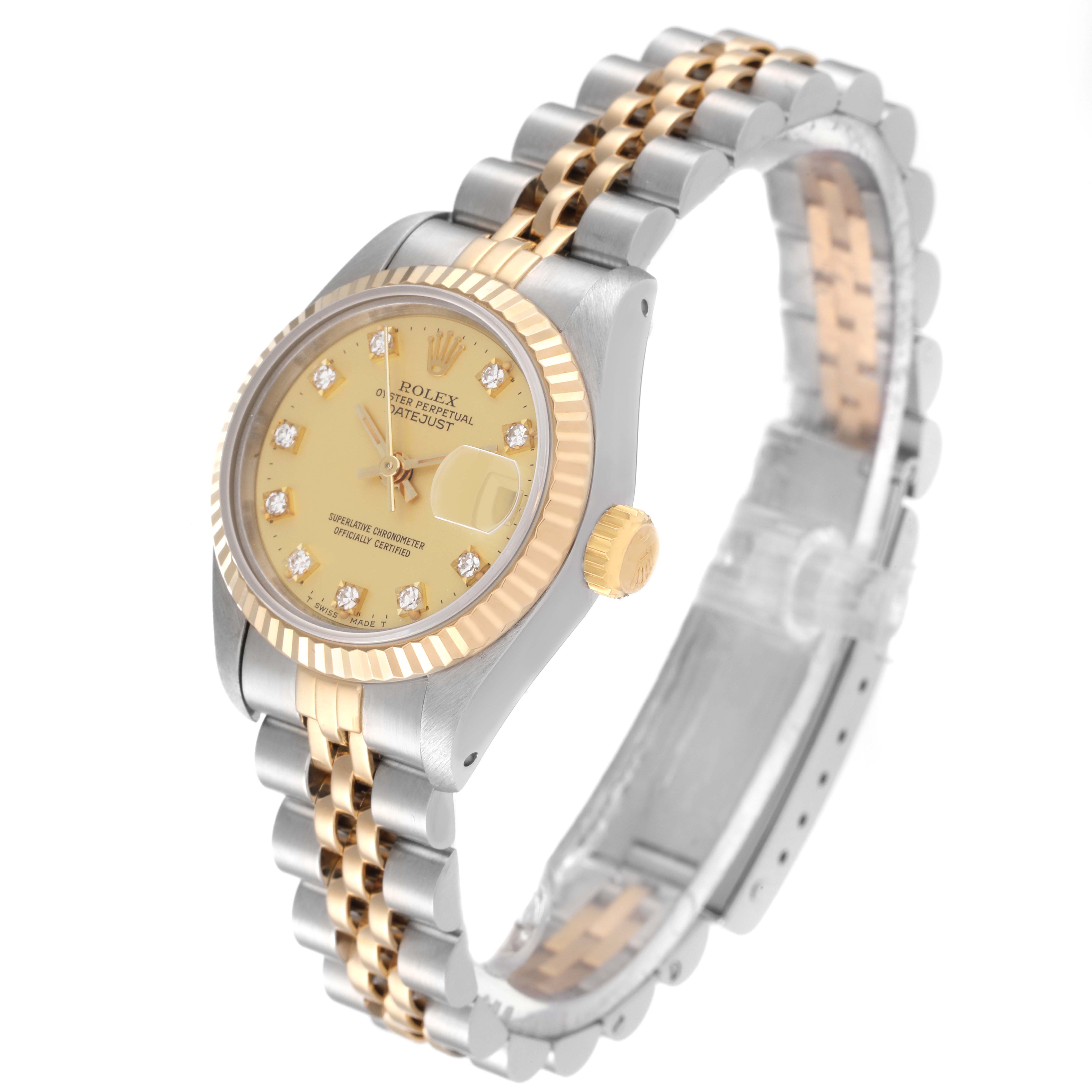 The image shows a Rolex Datejust 69173 Women's Steel and Gold (two tone) Champagne Dial 69173 Women's Steel and Gold (two tone) Champagne Dial watch at a three-quarter angle, displaying the face, bezel, bracelet, and crown.