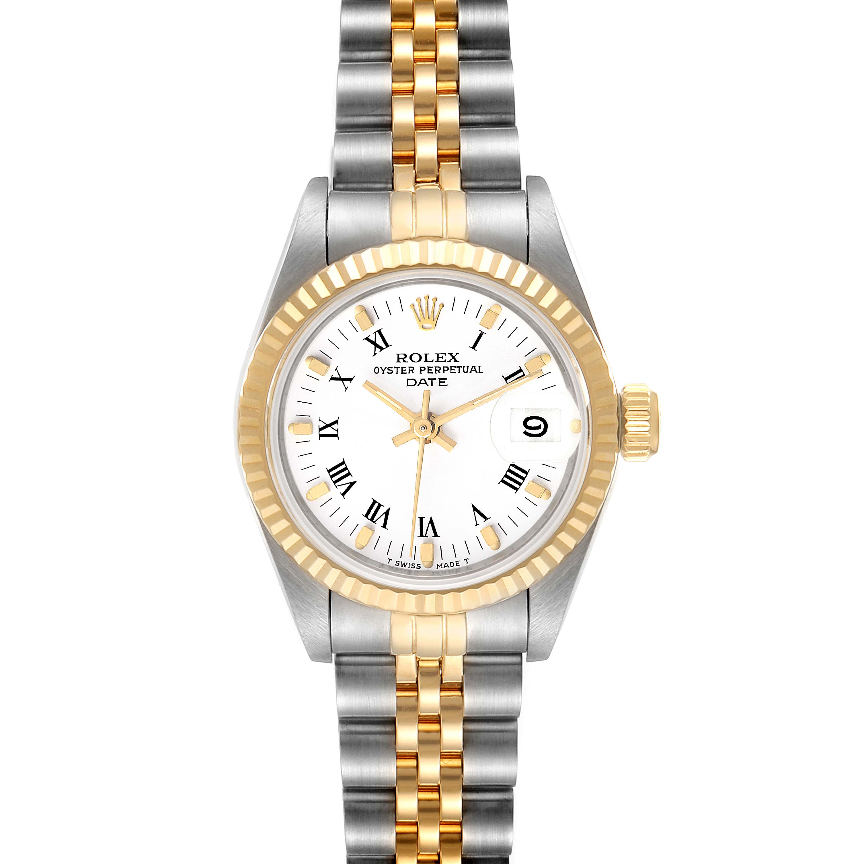 The Rolex Datejust 69173 Women's Steel and Gold (two tone) White Dial 69173 Women's Steel and Gold (two tone) White Dial watch is shown from a front angle, featuring its dial, bezel, case, and bracelet.