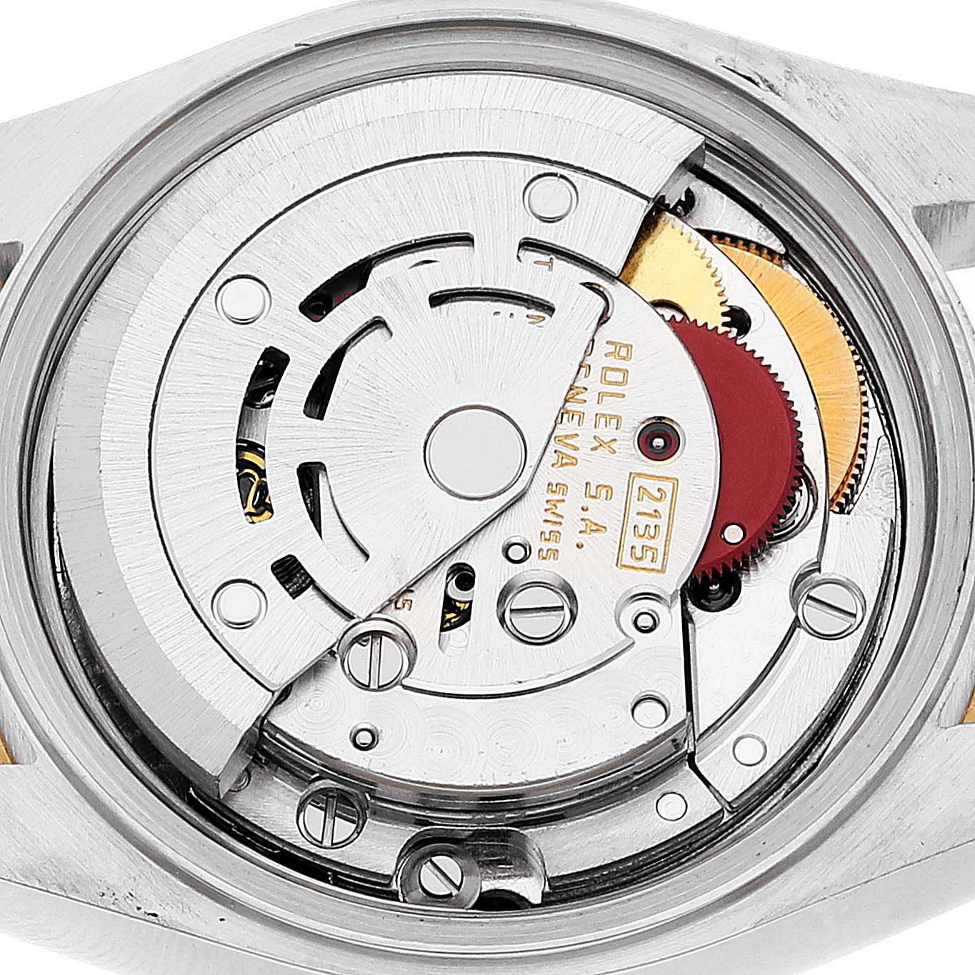 This image shows the internal mechanism of a Rolex Datejust 69173 Women's Steel and Gold (two tone) White Dial 69173 Women's Steel and Gold (two tone) White Dial watch from a back view.