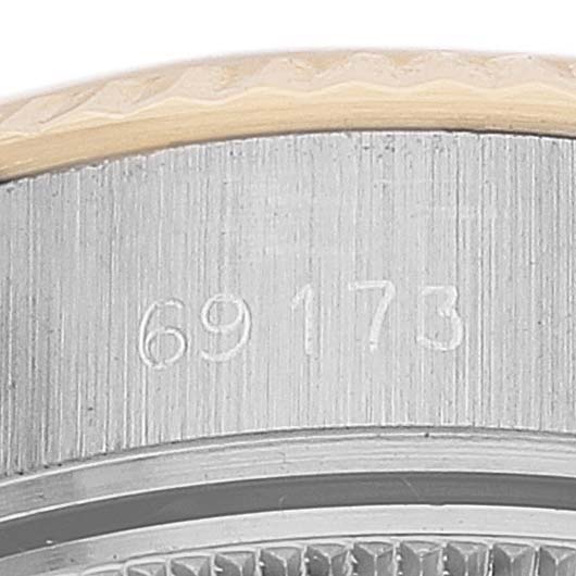 This image shows a close-up of the case side of the Rolex Datejust 69173 Women's Steel and Gold (two tone) White Dial 69173 Women's Steel and Gold (two tone) White Dial model, highlighting the reference number engraved on the case.