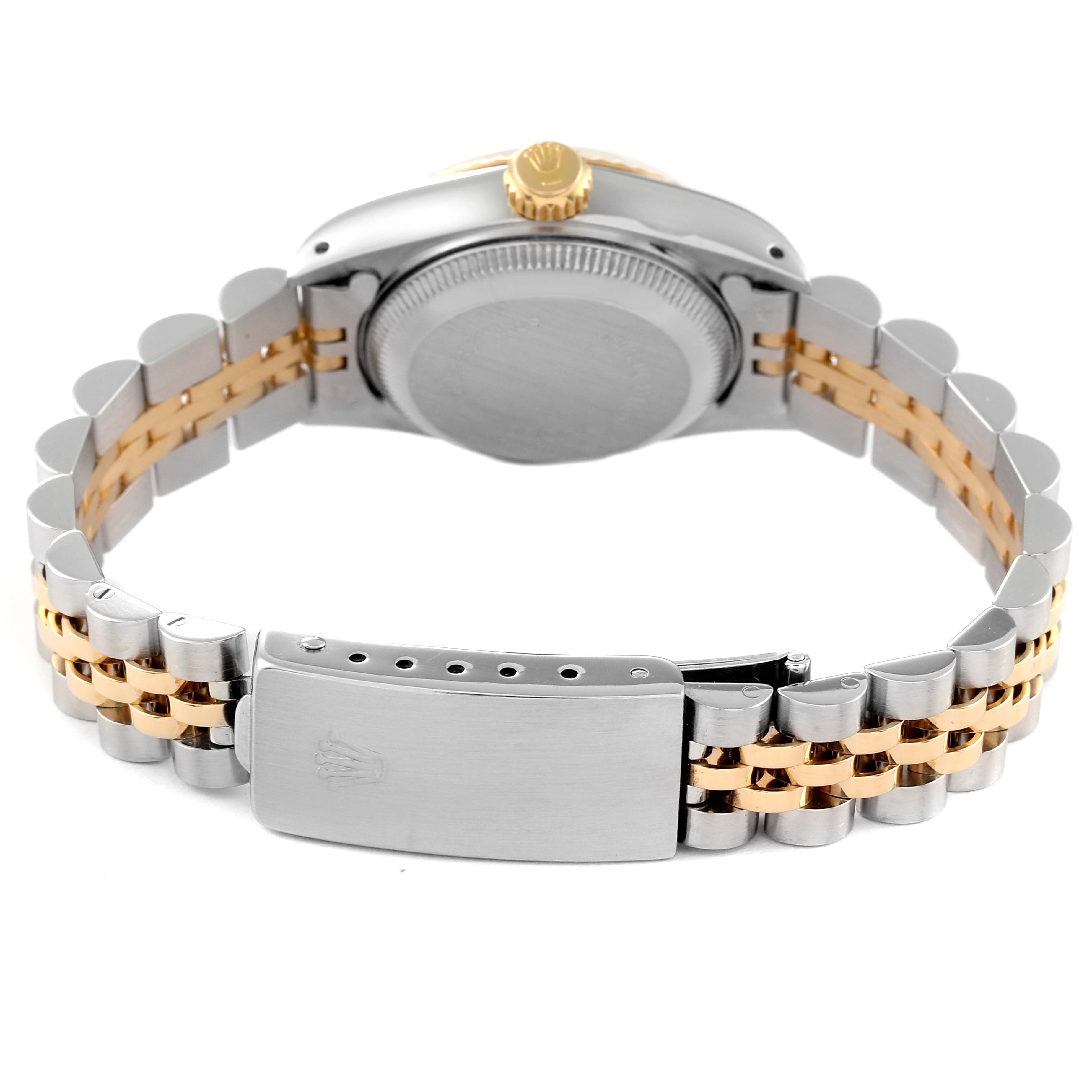 This image shows the back view of the Rolex Datejust 69173 Women's Steel and Gold (two tone) White Dial 69173 Women's Steel and Gold (two tone) White Dial watch, featuring its two-tone bracelet and clasp.
