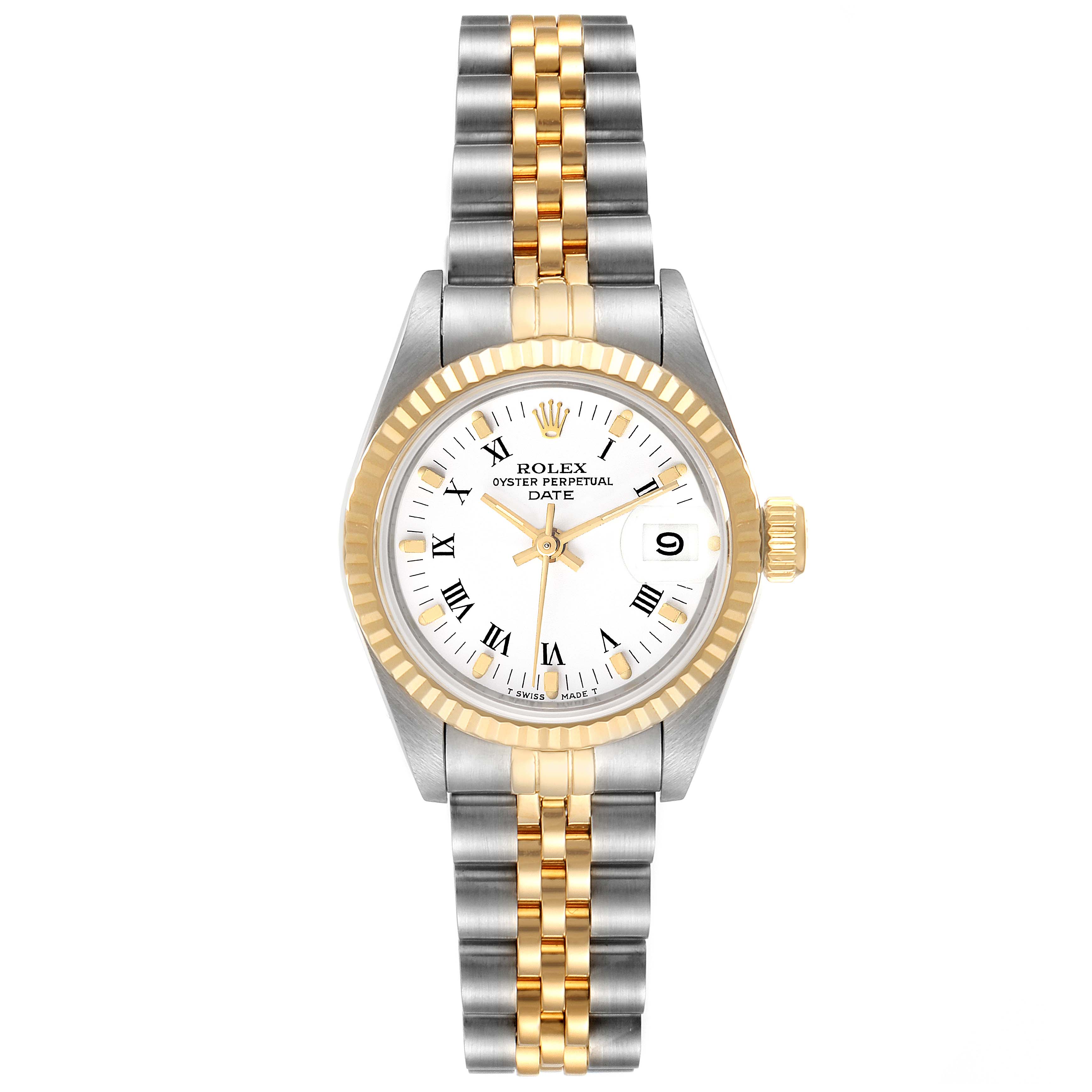 This image shows a frontal view of the Rolex Datejust 69173 Women's Steel and Gold (two tone) White Dial 69173 Women's Steel and Gold (two tone) White Dial watch, highlighting its dial, two-tone bracelet, and fluted bezel.