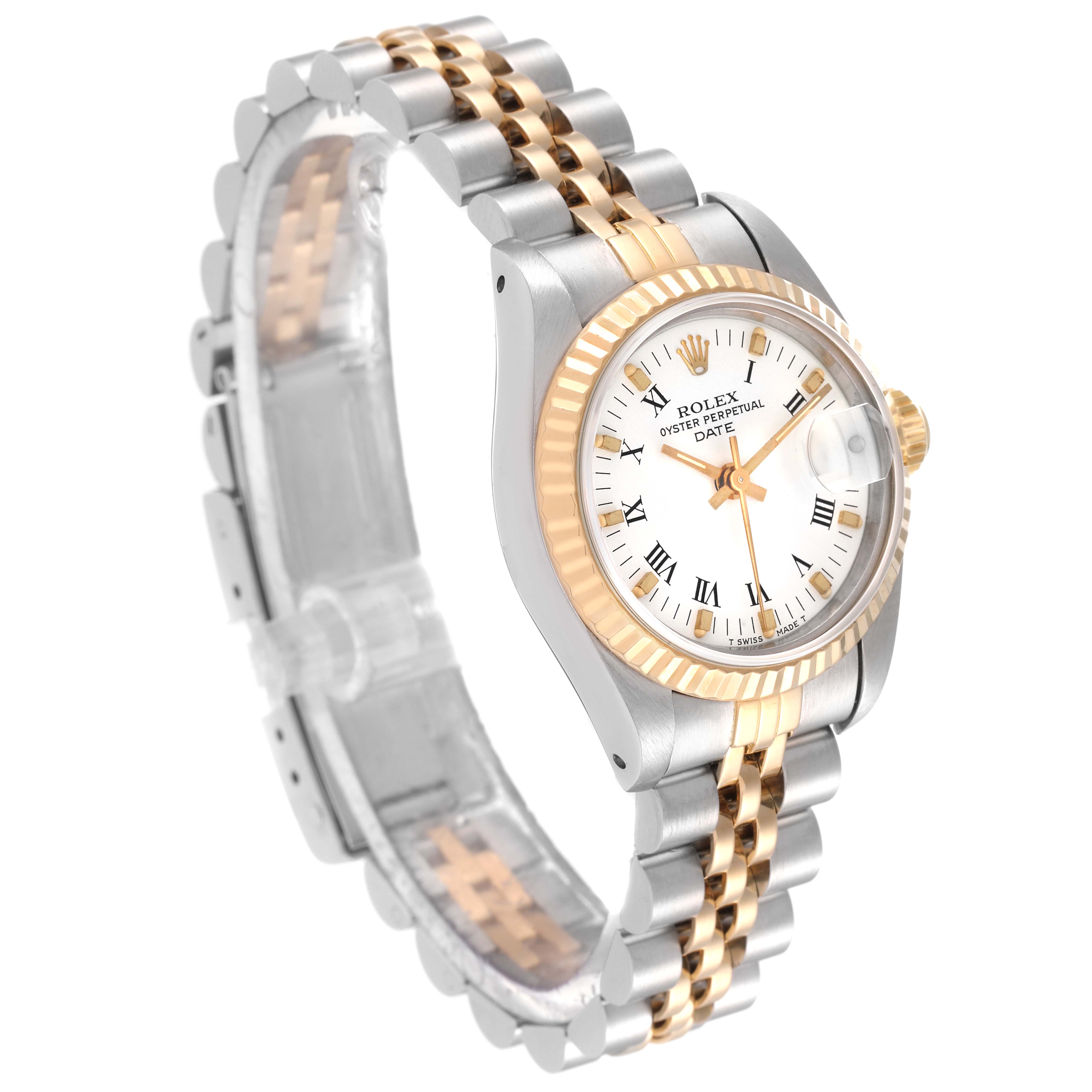 The Rolex Datejust 69173 Women's Steel and Gold (two tone) White Dial 69173 Women's Steel and Gold (two tone) White Dial watch is shown at a three-quarter angle displaying the face, bezel, and two-tone bracelet.