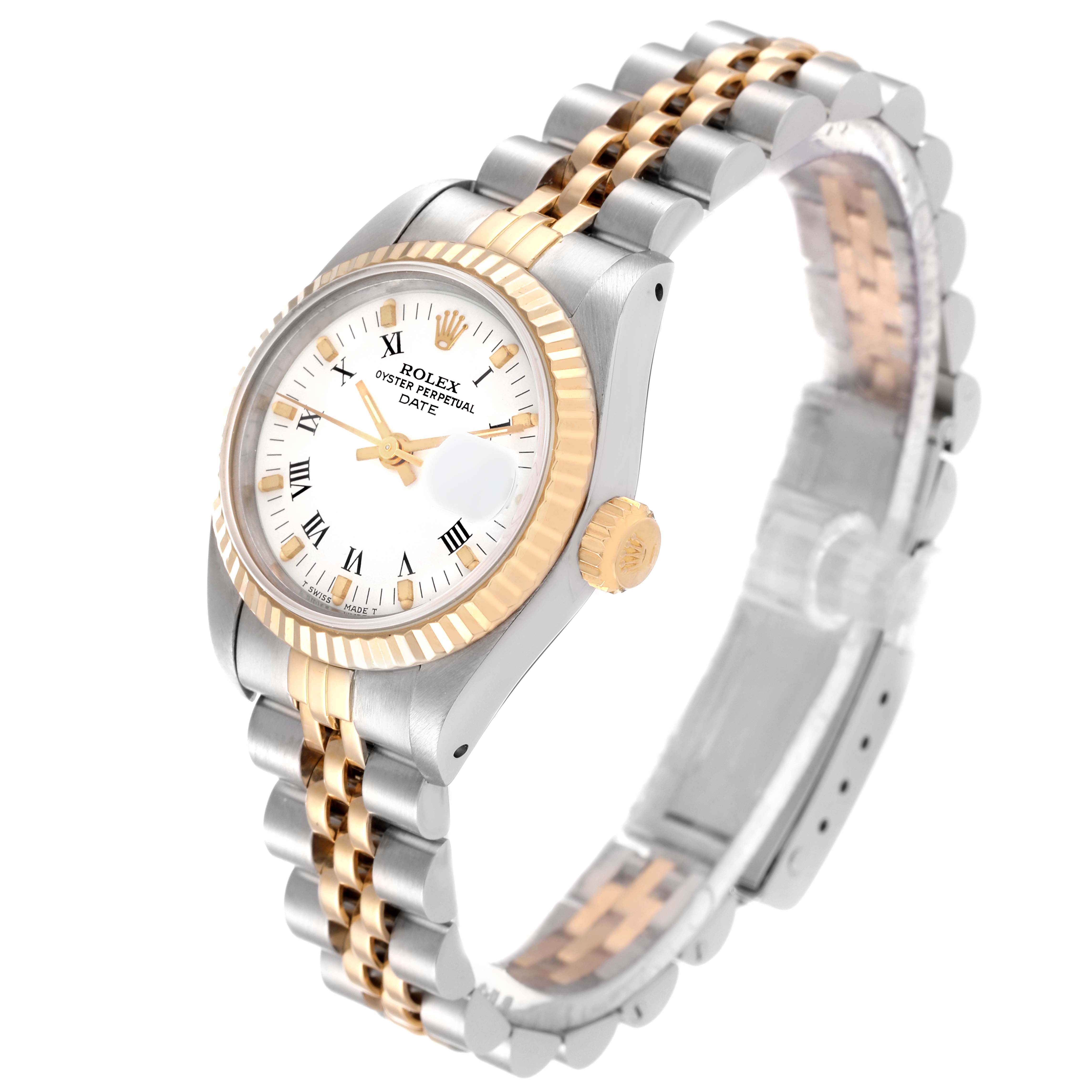 The image shows the Rolex Datejust 69173 Women's Steel and Gold (two tone) White Dial 69173 Women's Steel and Gold (two tone) White Dial watch at a three-quarter angle, highlighting its two-tone bracelet, fluted bezel, and white dial.