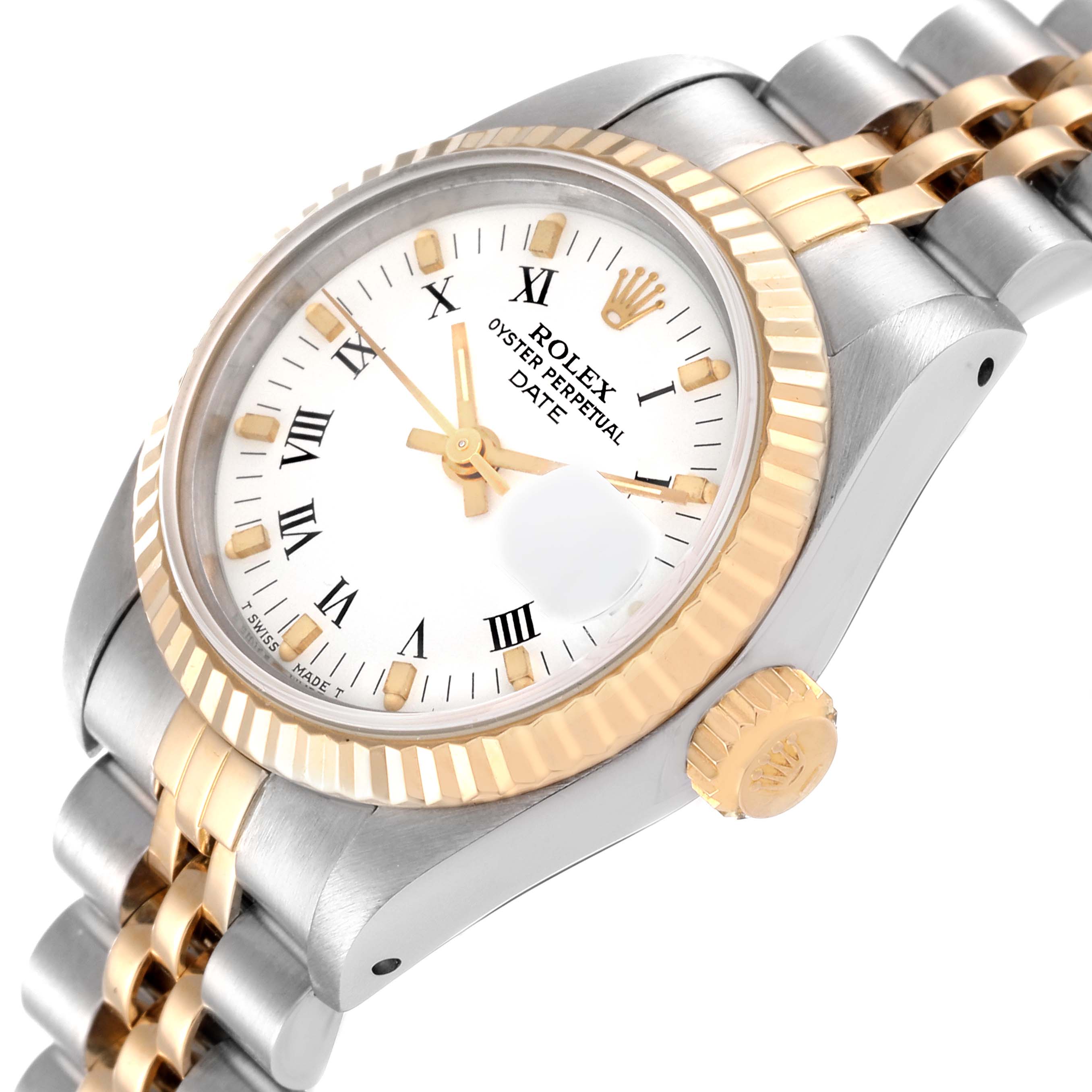 This image shows a close-up angle of the Rolex Datejust 69173 Women's Steel and Gold (two tone) White Dial 69173 Women's Steel and Gold (two tone) White Dial watch, highlighting its dial, crown, and bracelet.