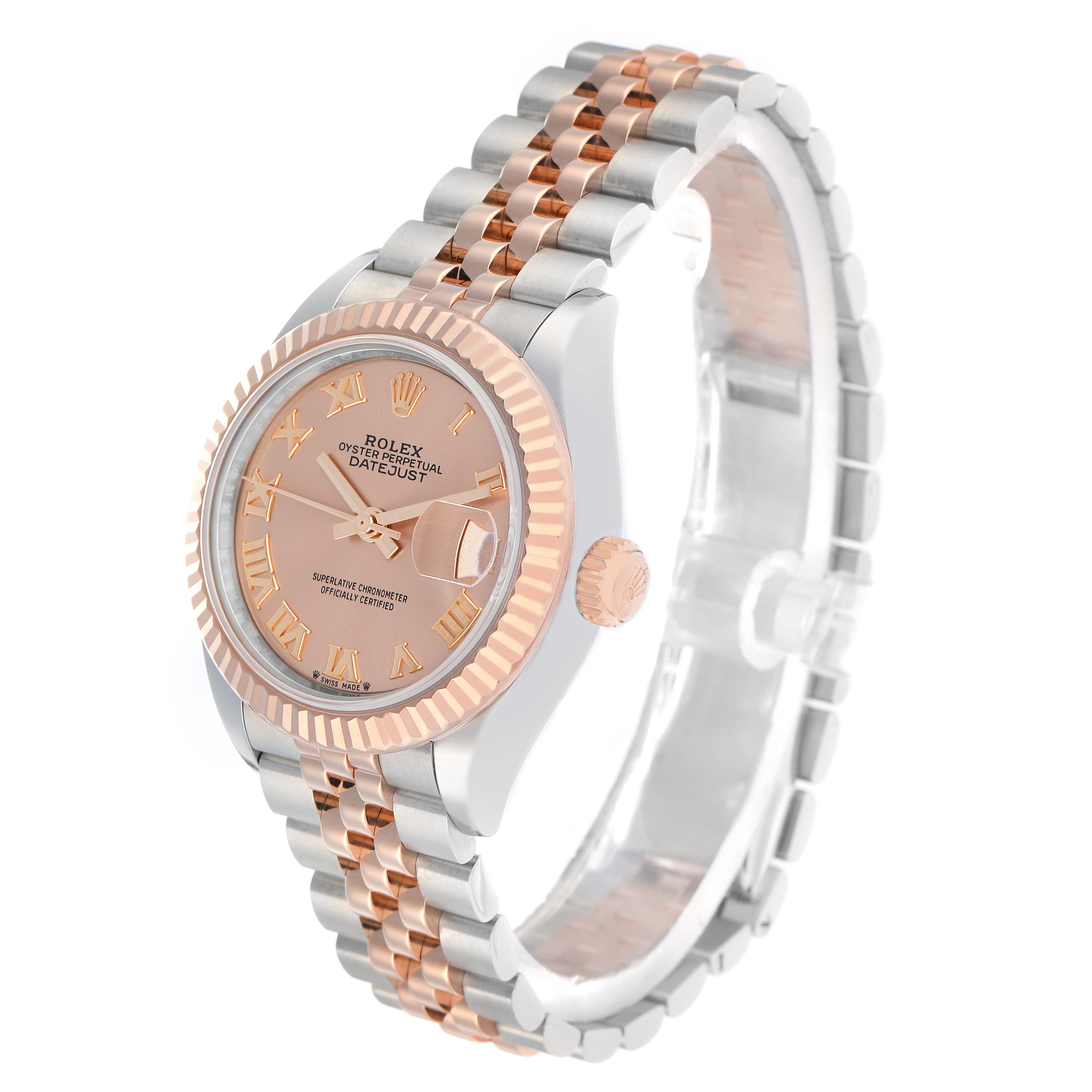 The image shows a Rolex Datejust 279171 Women
s Steel and Gold (two tone) Pink Dial watch at a three-quarter angle, highlighting the face, fluted bezel, crown, and two-tone bracelet.