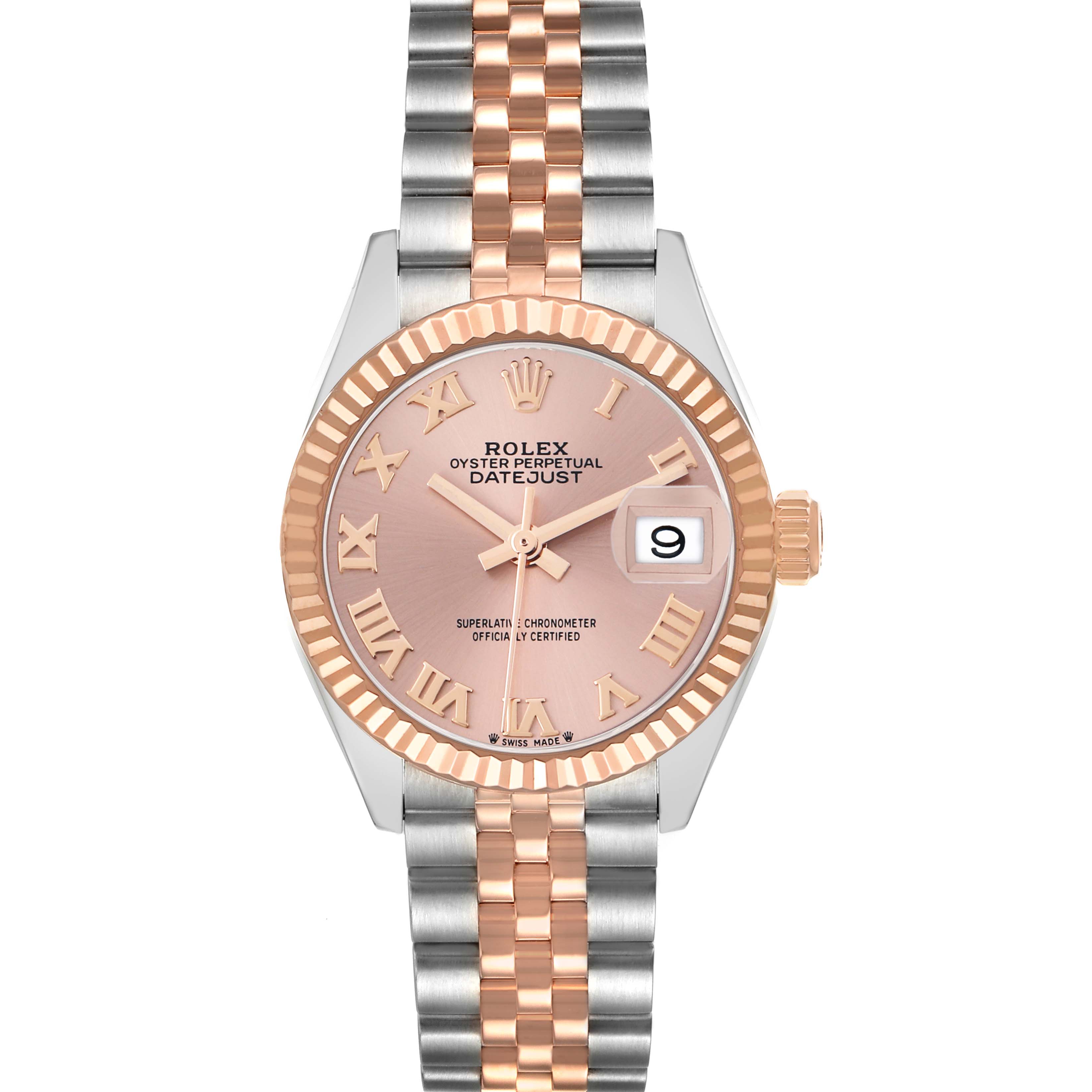 The Datejust by Rolex is shown from a frontal view, displaying its dial, bezel, and bracelet.