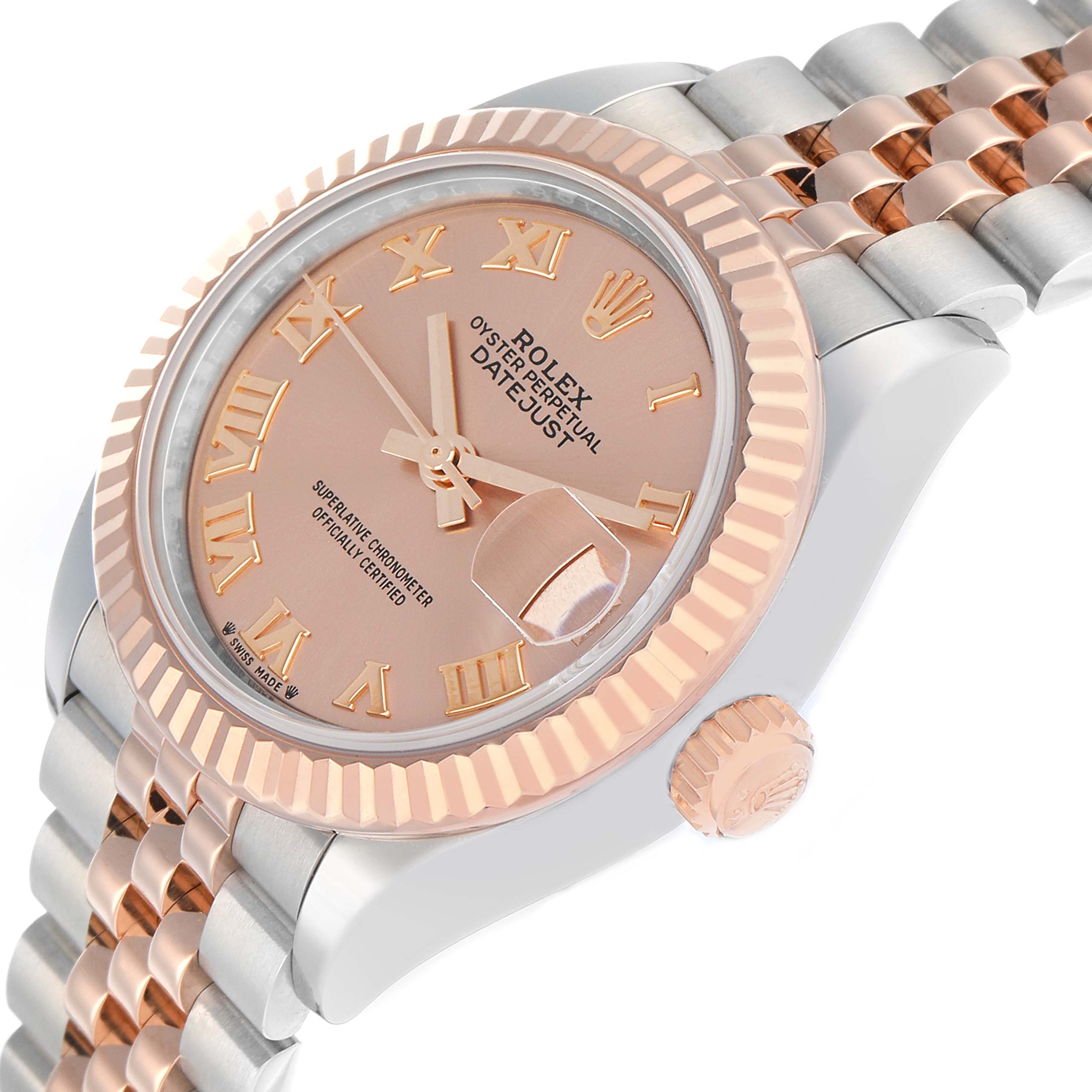 The Rolex Datejust 279171 Women
s Steel and Gold (two tone) Pink Dial watch is shown at an angled close-up, highlighting the dial, fluted bezel, and part of the Jubilee bracelet.