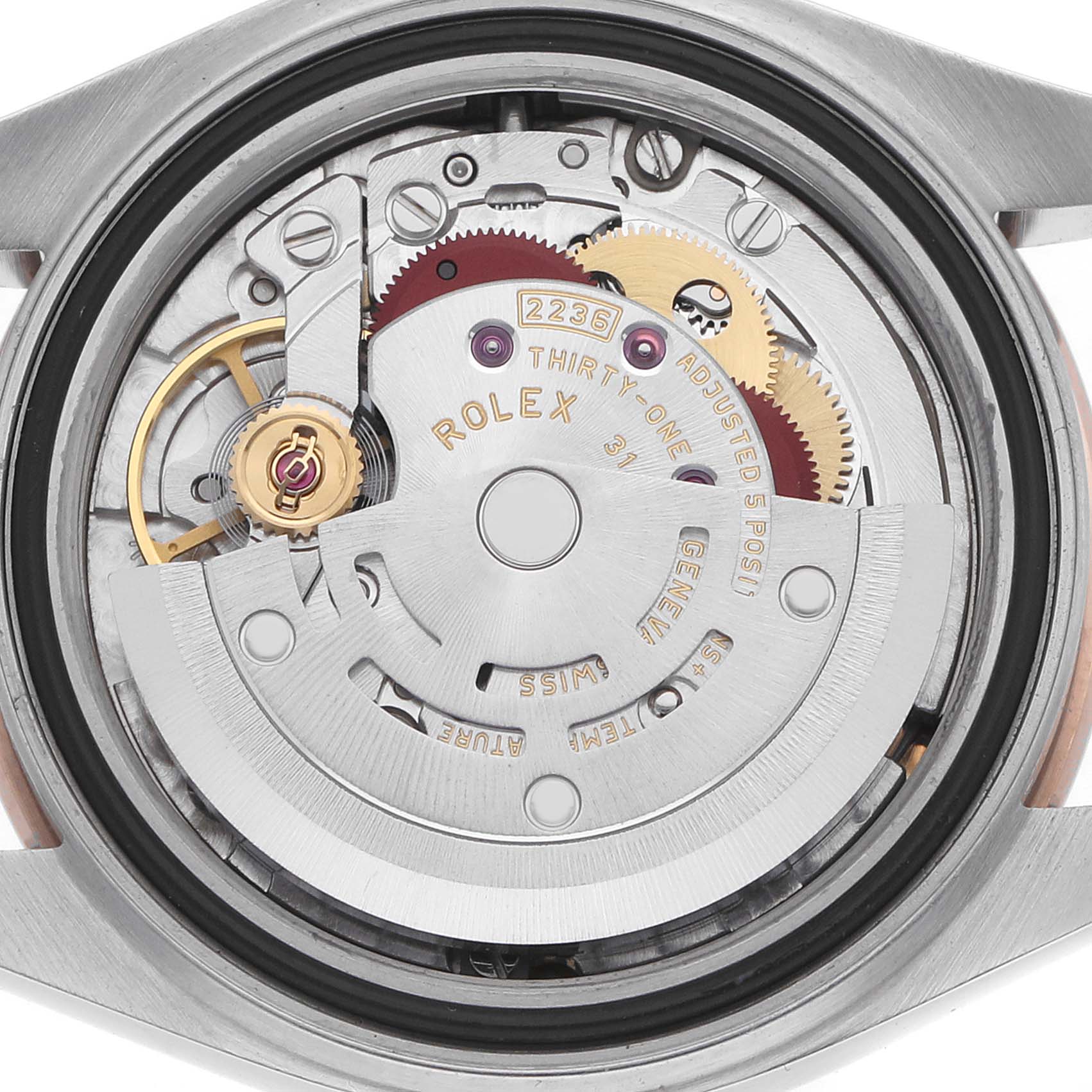 The image shows the back view of a Rolex Datejust 279171 Women
s Steel and Gold (two tone) Pink Dial watch, featuring its movement and internal mechanisms.