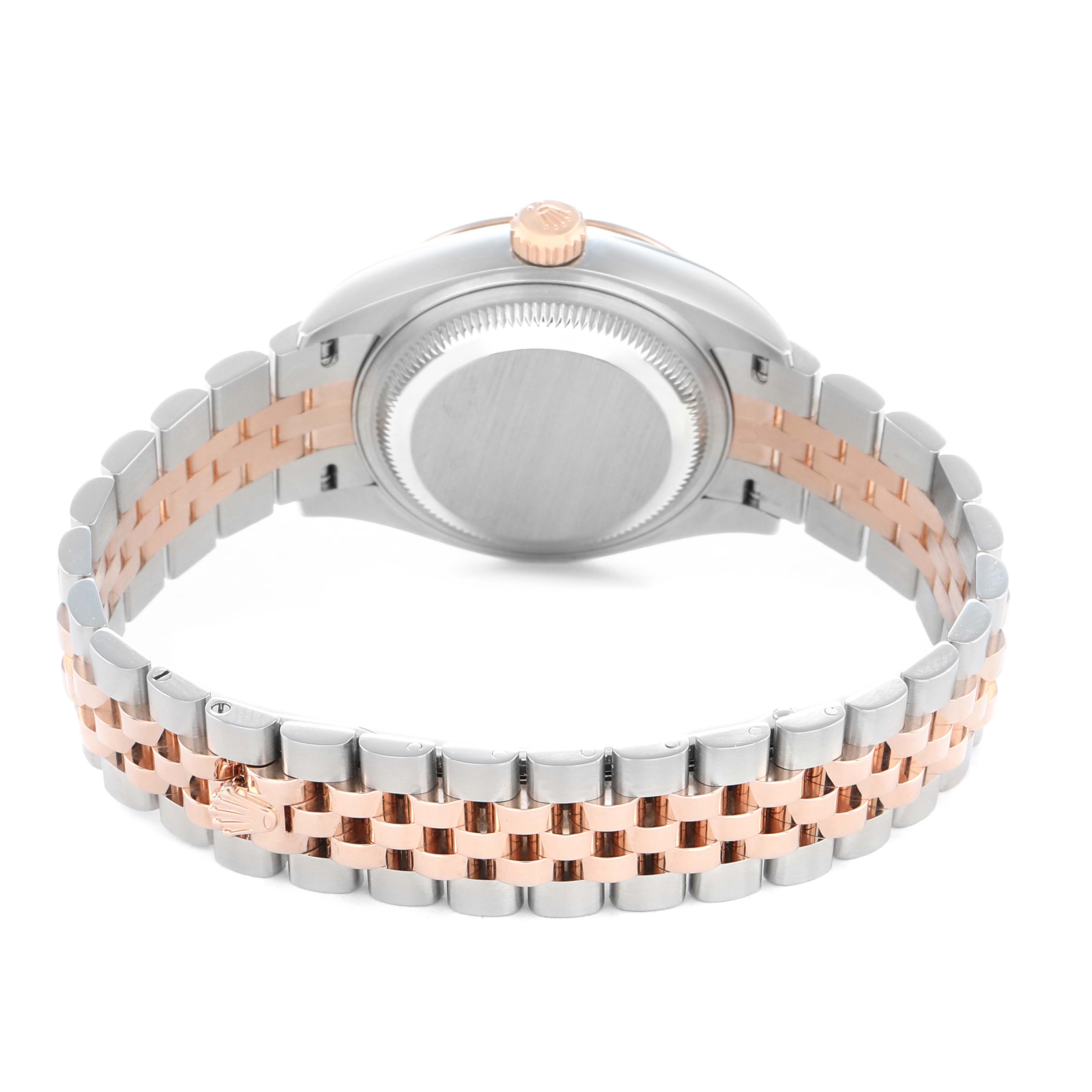 The image shows the back view of a Rolex Datejust 279171 Women
s Steel and Gold (two tone) Pink Dial, highlighting the case back, two-tone bracelet, and crown.