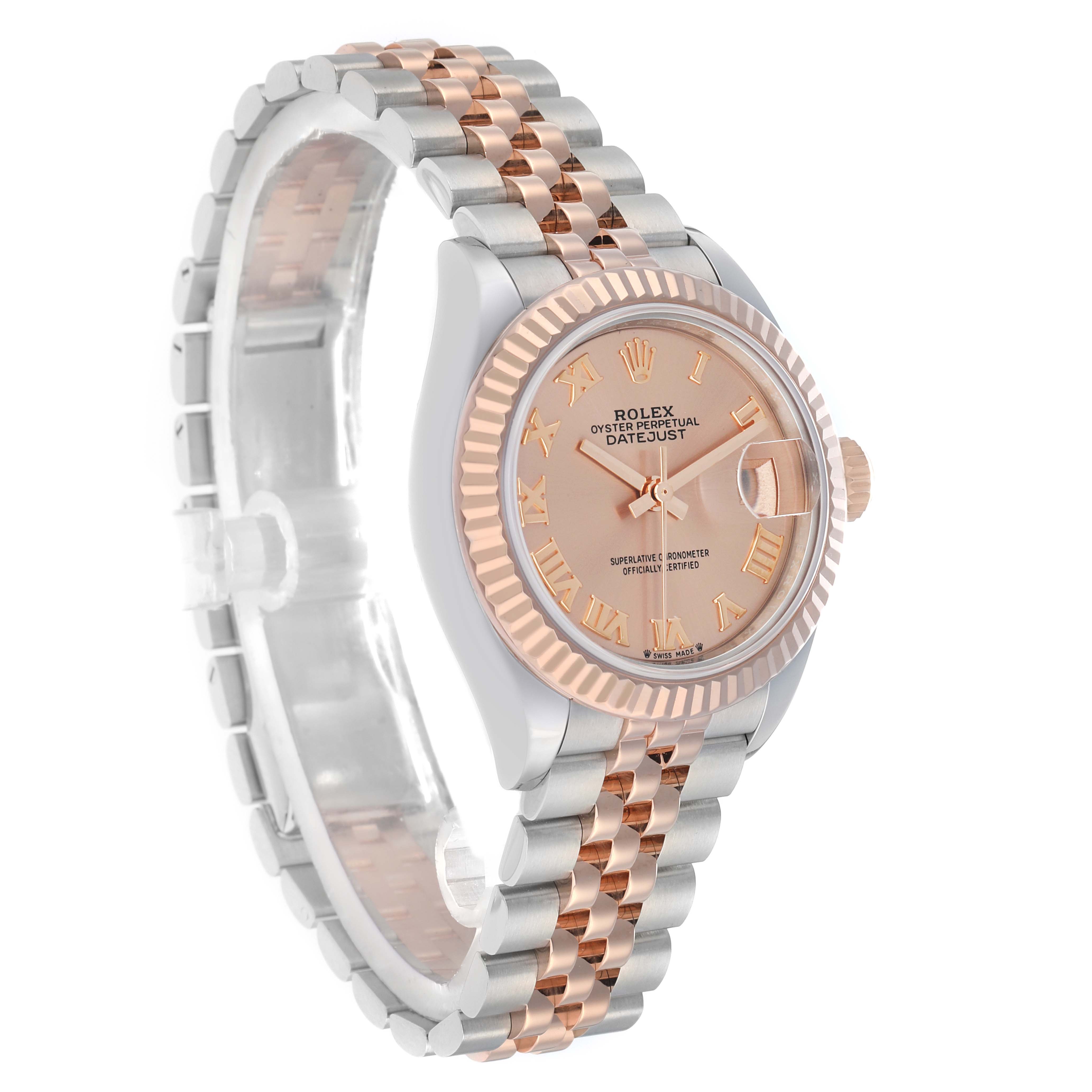 The Rolex Datejust 279171 Women
s Steel and Gold (two tone) Pink Dial watch is shown at a three-quarter angle, displaying the rose gold bezel, dial, and two-tone bracelet.