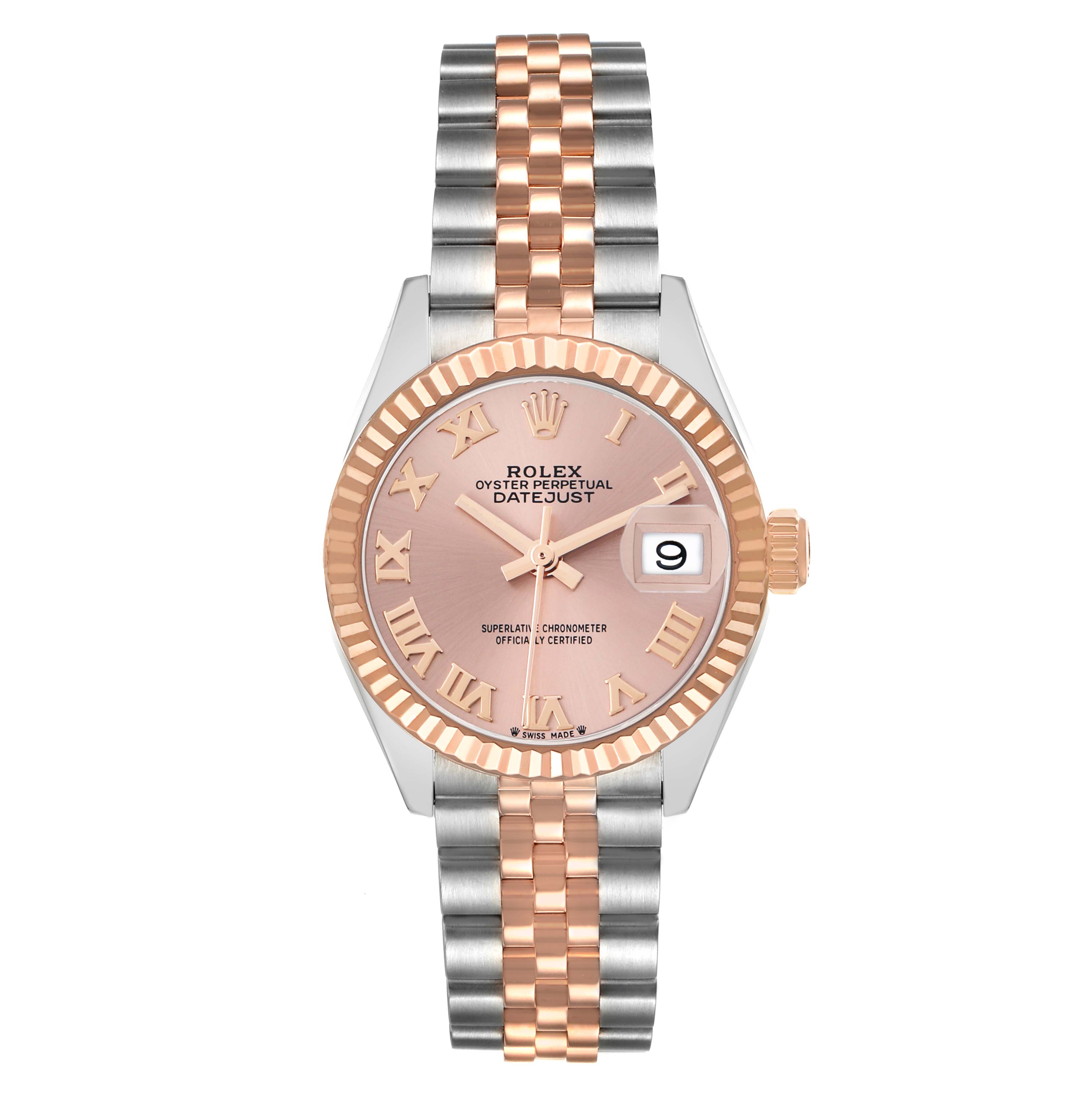 The Rolex Datejust 279171 Women
s Steel and Gold (two tone) Pink Dial watch is shown from the front, displaying the dial, bezel, and Jubilee bracelet.