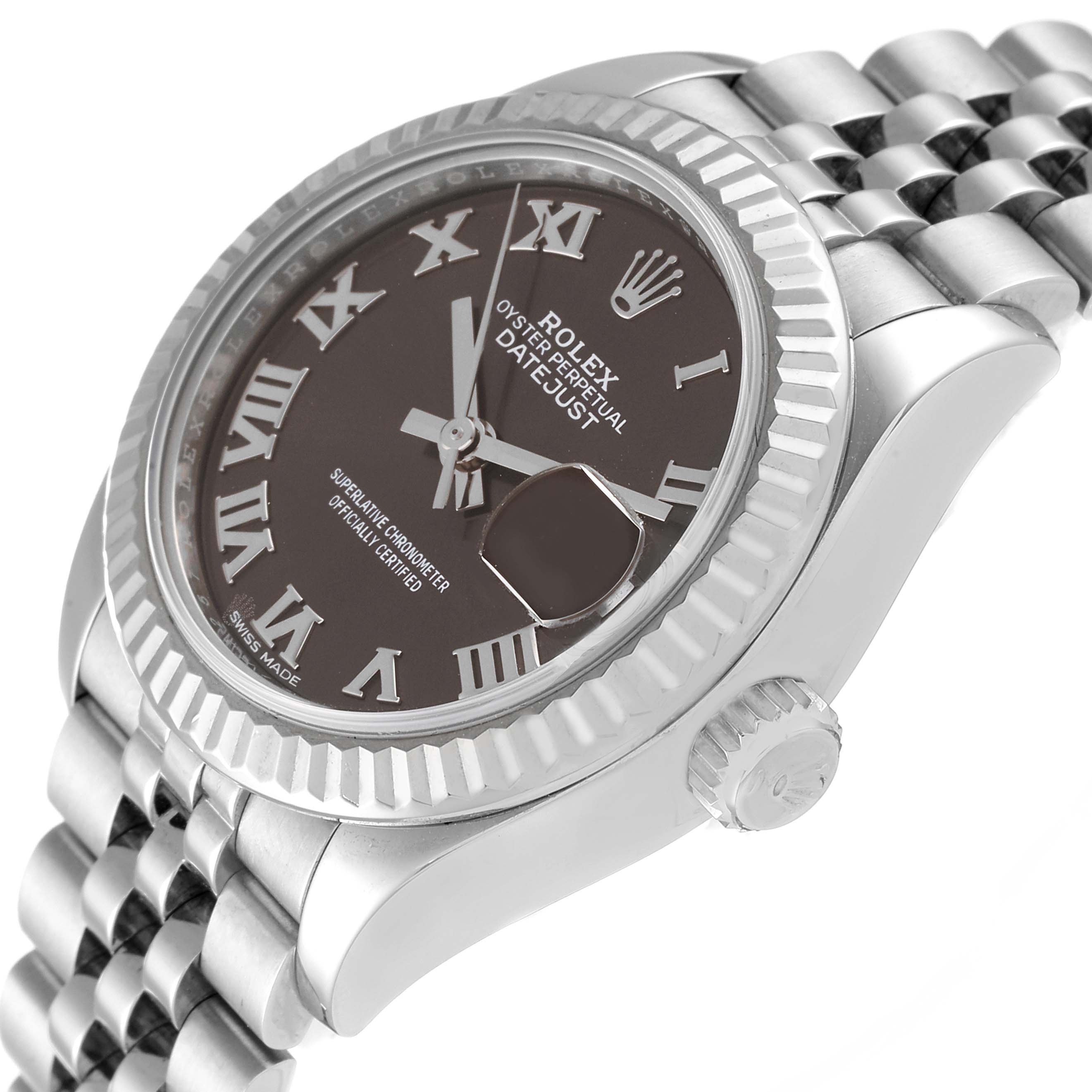 The image shows a Rolex Datejust 279174 Women's Stainless Steel Grey Dial 279174 Women's Stainless Steel Grey Dial watch from an oblique angle highlighting the dial, bezel, crown, and part of the bracelet.