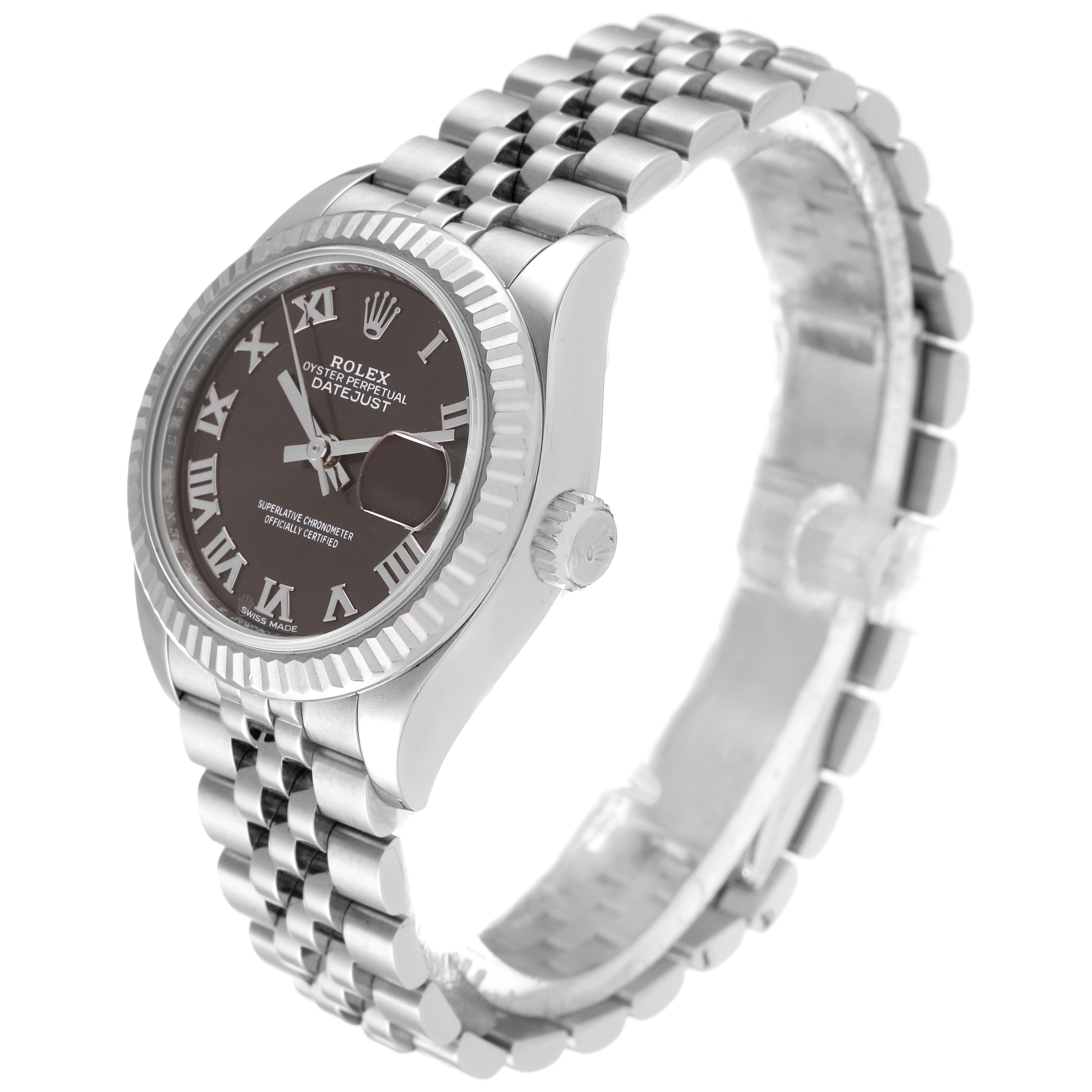 The Rolex Datejust 279174 Women's Stainless Steel Grey Dial 279174 Women's Stainless Steel Grey Dial watch is pictured at an oblique angle, showcasing its dial, bracelet, and partially its fluted bezel.