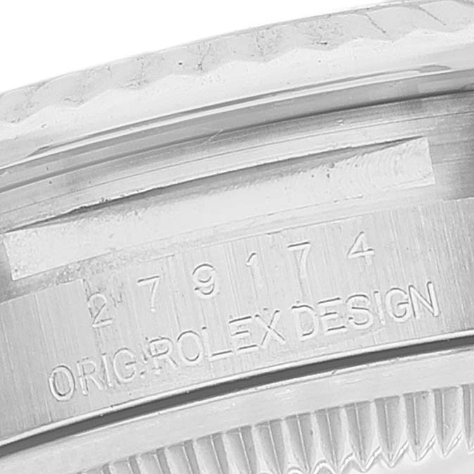 The image shows a close-up view of the case side and reference number engraving on a Rolex Datejust 279174 Women's Stainless Steel Grey Dial 279174 Women's Stainless Steel Grey Dial model.