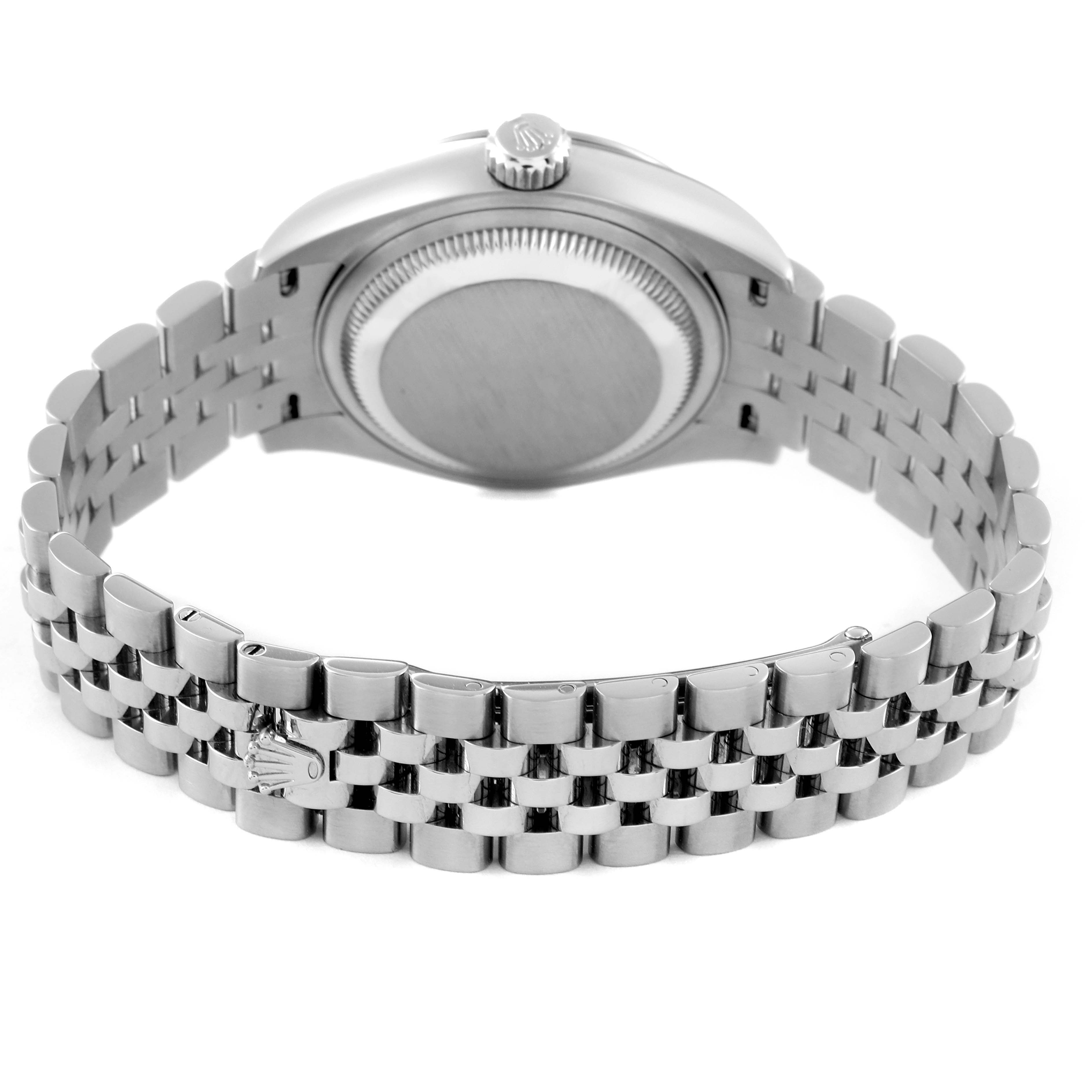 This is the rear view of a Rolex Datejust 279174 Women's Stainless Steel Grey Dial 279174 Women's Stainless Steel Grey Dial watch showing the case back, crown, and Jubilee bracelet.