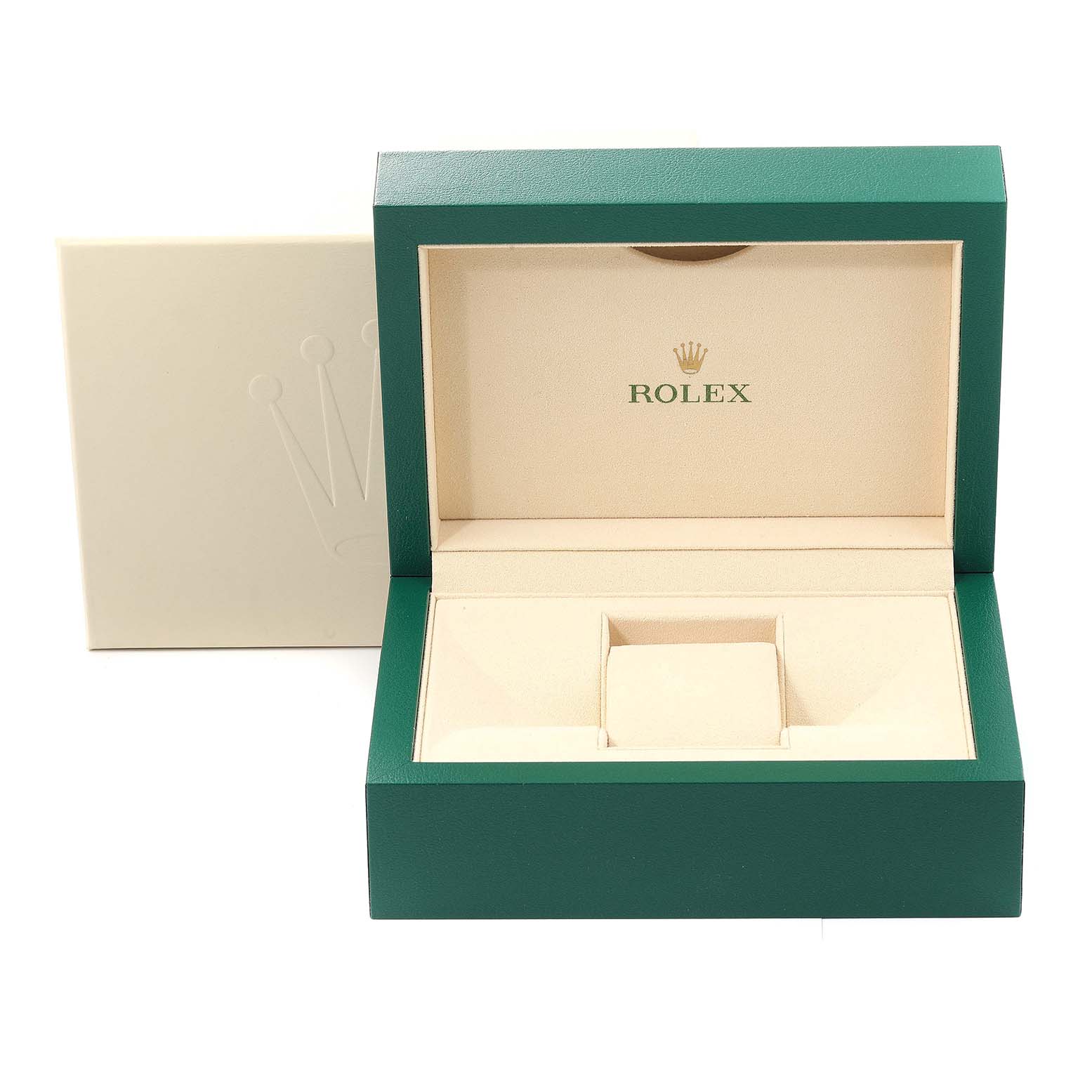 This image shows the open, empty green case for a Rolex Datejust 279174 Women's Stainless Steel Grey Dial 279174 Women's Stainless Steel Grey Dial watch with the lid folded back and the logo visible inside.