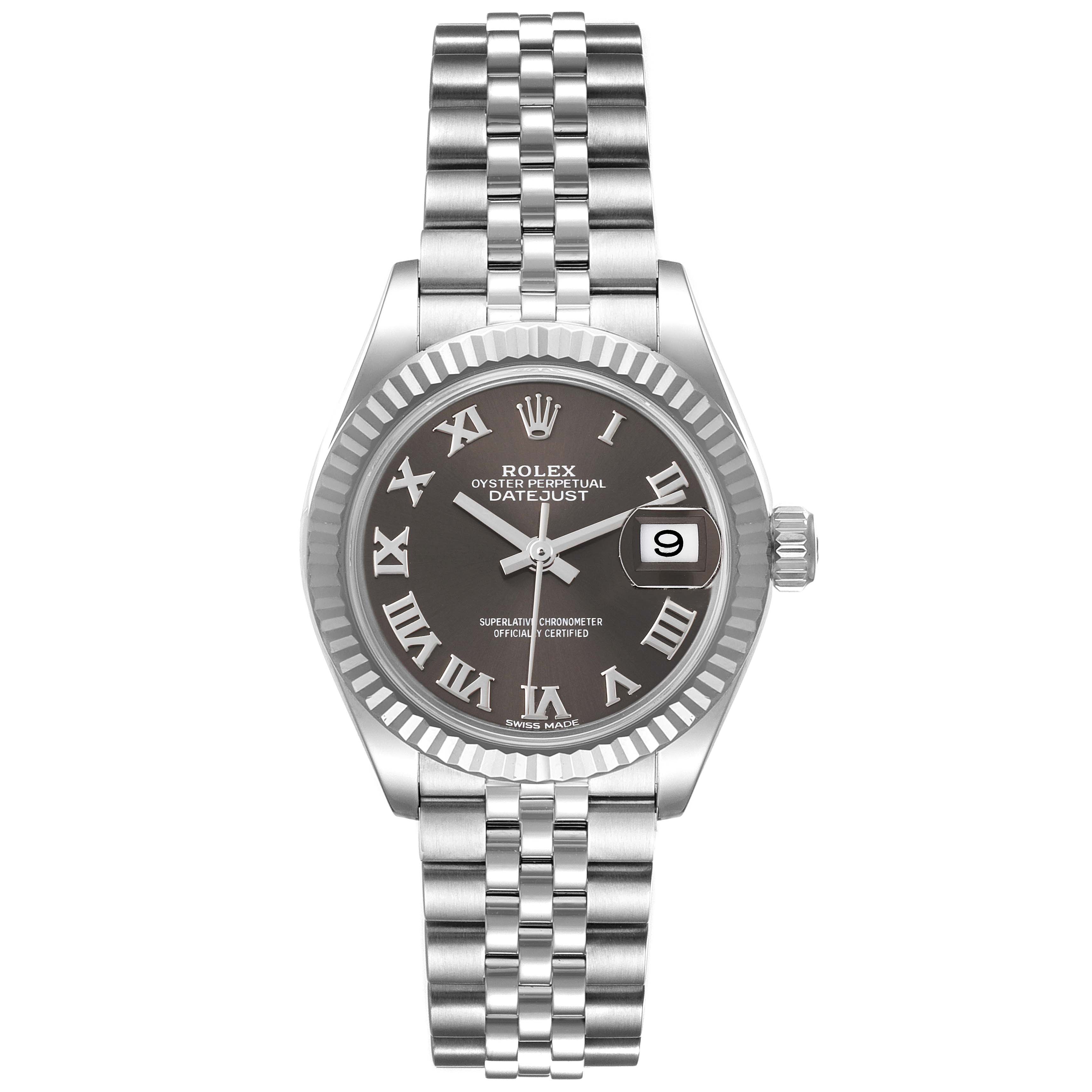The image shows a front view of a Rolex Datejust 279174 Women's Stainless Steel Grey Dial 279174 Women's Stainless Steel Grey Dial watch, displaying its dial, bezel, and bracelet.