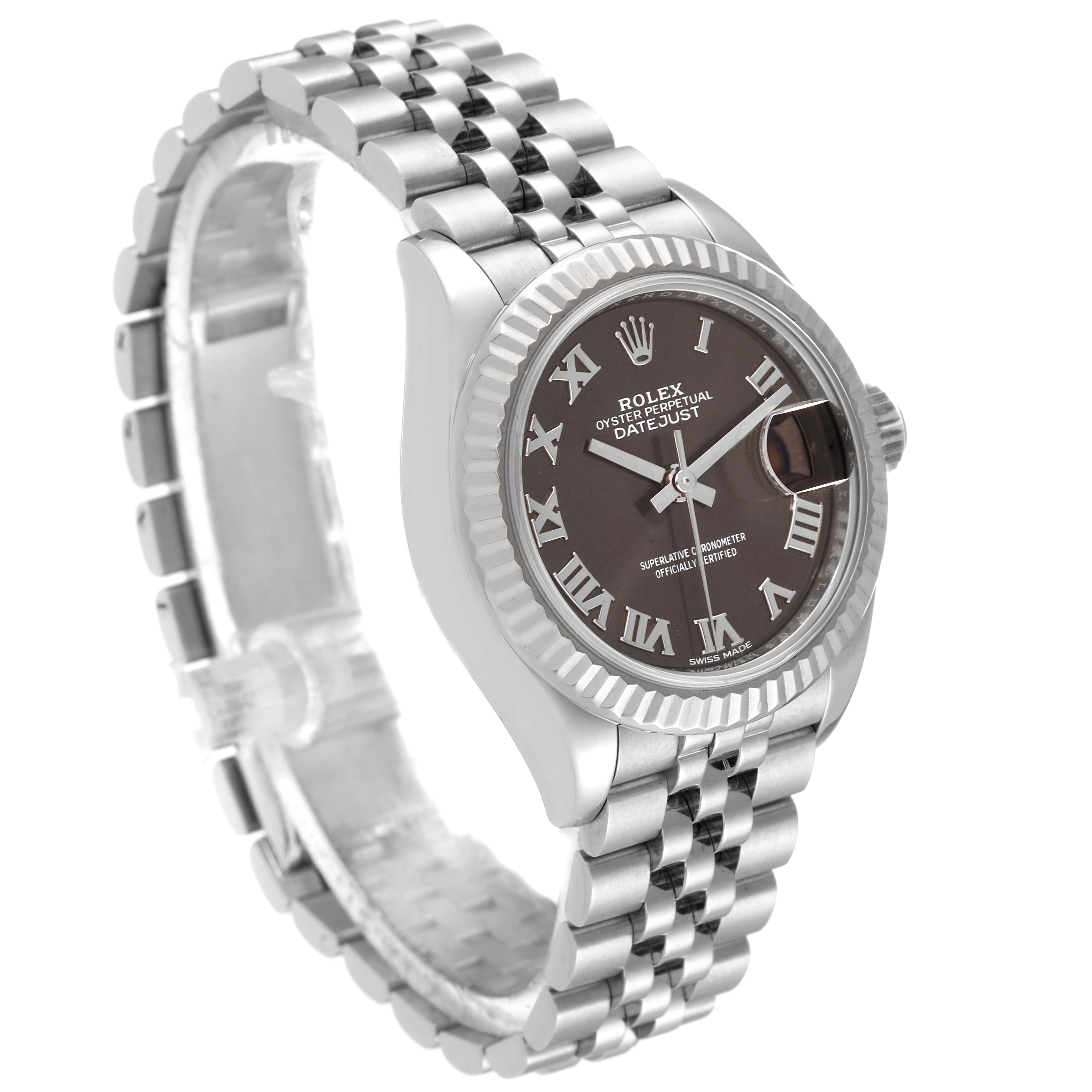 The Rolex Datejust 279174 Women's Stainless Steel Grey Dial 279174 Women's Stainless Steel Grey Dial watch is shown at a three-quarter angle, displaying the face, bezel, crown, and bracelet.