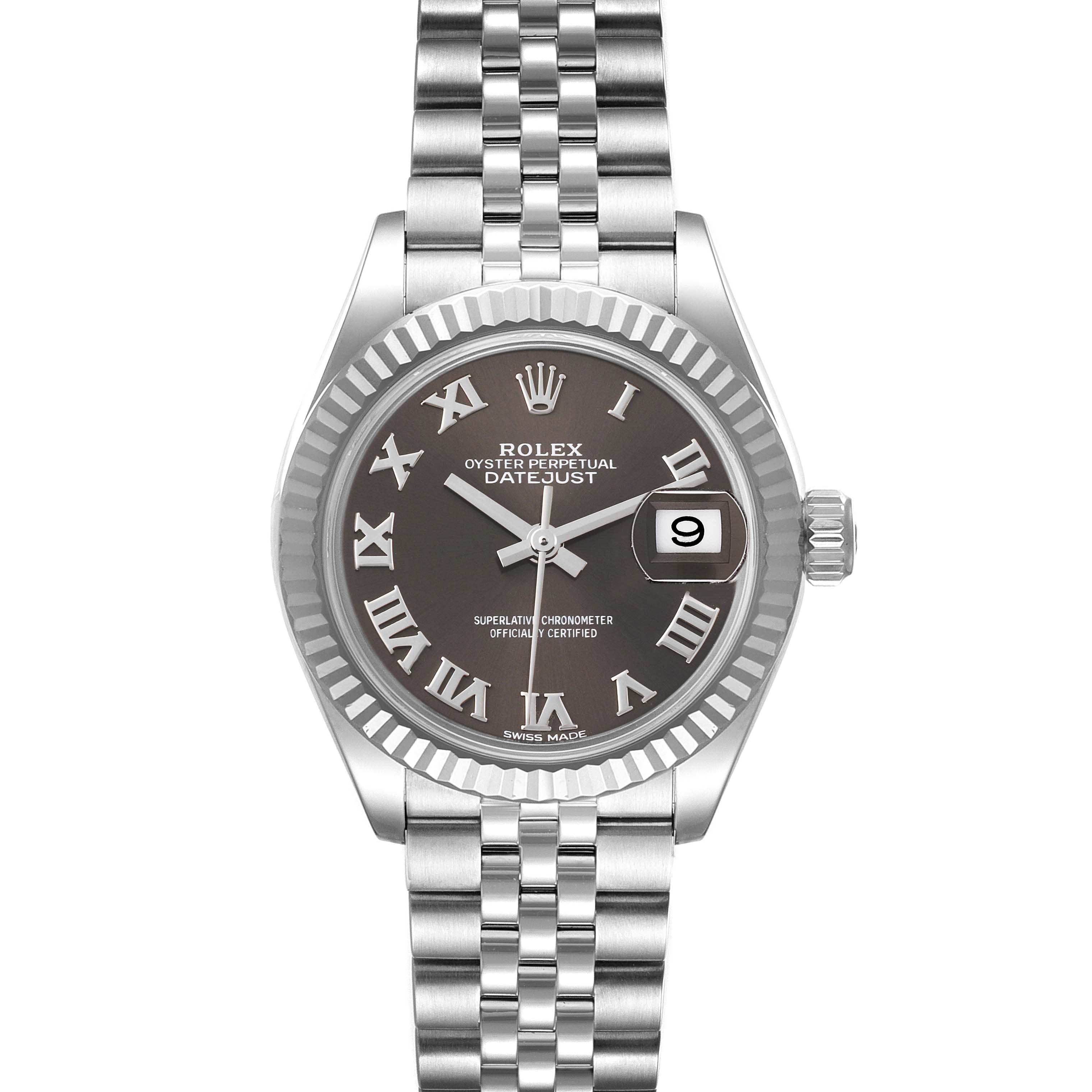 This image shows a front view of the Rolex Datejust 279174 Women's Stainless Steel Grey Dial 279174 Women's Stainless Steel Grey Dial wristwatch, highlighting its dial, bezel, and bracelet.