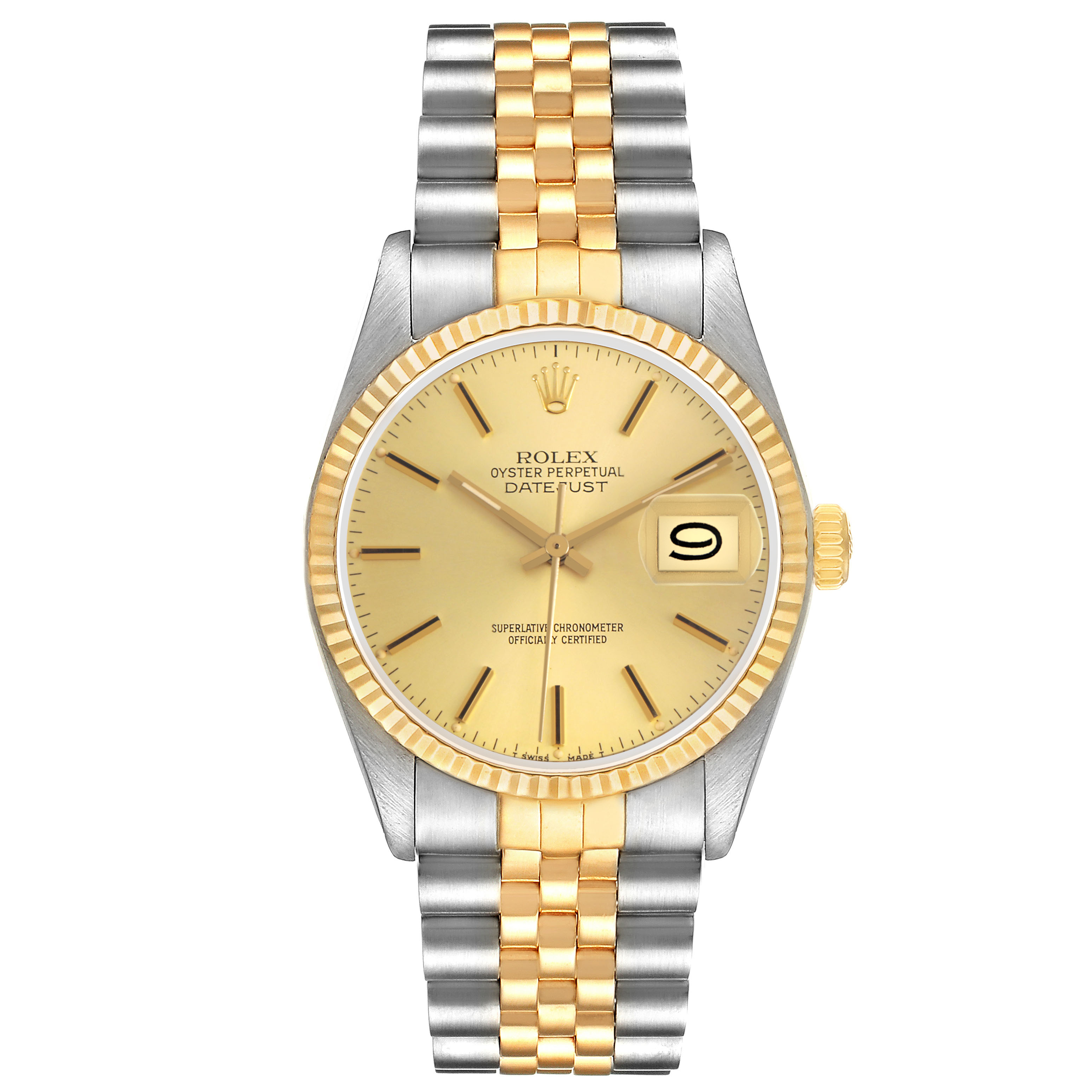 The Rolex Datejust 16013 Men's Steel and Gold (two tone) Champagne Dial watch is shown in a front view, highlighting the gold and silver bracelet, fluted bezel, and date display.