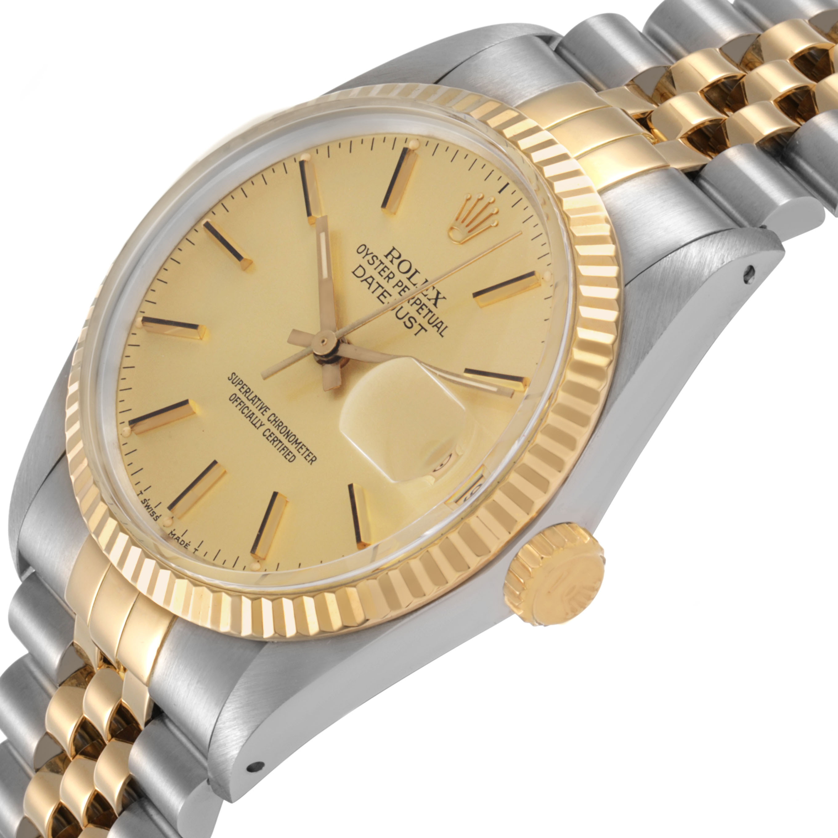 The Rolex Datejust 16013 Men's Steel and Gold (two tone) Champagne Dial watch is shown at a slight angle, highlighting the gold bezel, dial, crown, and part of the bracelet.